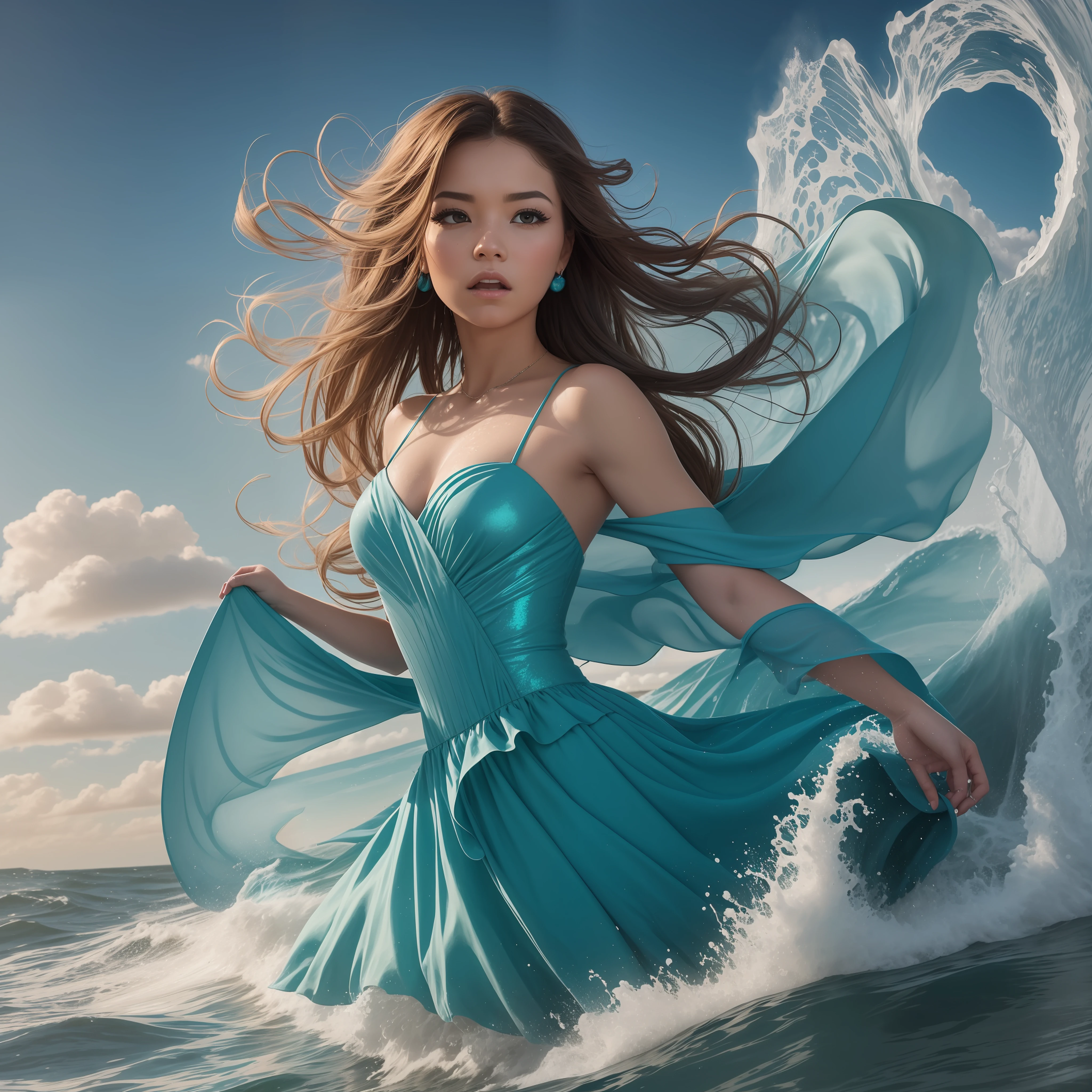 a portrait of a bride surfing the waves, on a sunny day in ocean, an exotic beautiful bride, ((anatomically correct: 1.5)) ultra detailed face, dynamic hair color, dynamic hair style, dynamic skin complexion, (best detailed face: 1.5), busty wearing intricate, elegant bride's dress, glamour bride dress, barefoot, she is surfing an (surf board: 1.3) she surfs a massive wave, sunny day, sun rays, some clouds, wavy ocean background, vibrant, Ultra-high resolution, High Contrast, (masterpiece:1.5), highest quality, Best aesthetics), best details, best quality, highres, 16k, (ultra detailed: 1.5), masterpiece, best quality, (extremely detailed) RAW, (ultra details, Masterpiece, best quality), Dark Art Painting Style, ba11g0wn, Cinematic Hollywood Film