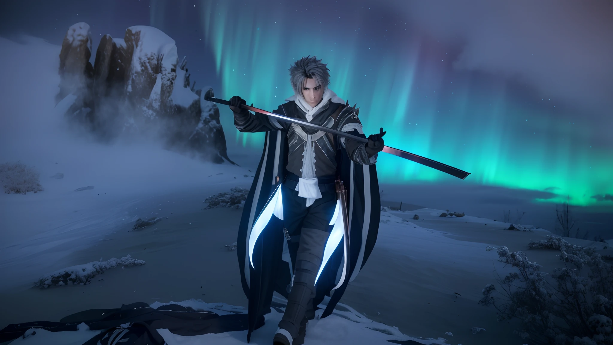 masterpiece, highly detailed photorealistic 8k raw pohoto, best cinematic quality, volumetric shadows, volumetric lighting, perfect 10k render, full body view, grey hair, spiky hair, red eyes, glowing red eyes, vampire, holding katana, unsheathing katana, vampire suit, aurora, northern lights