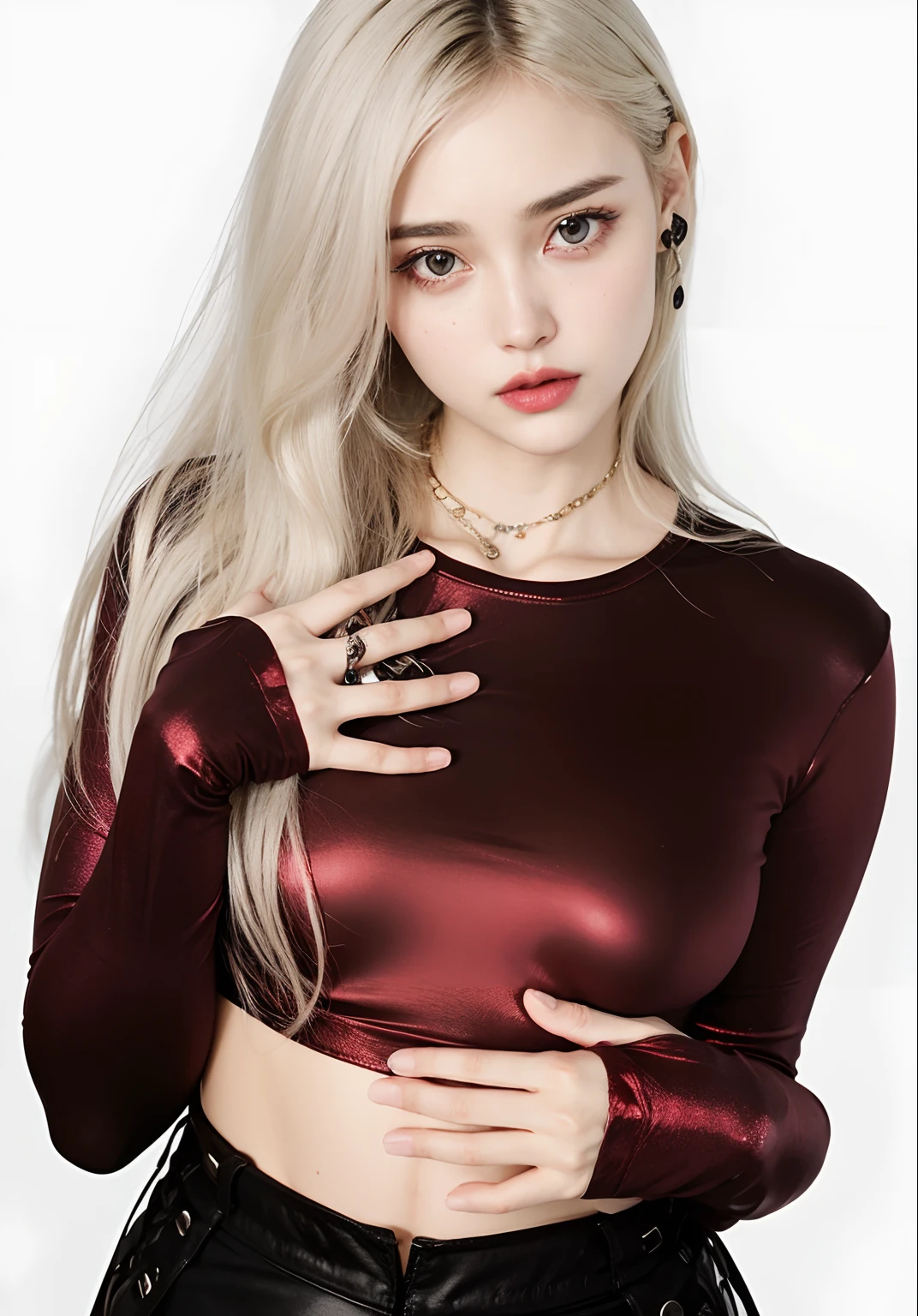 uma mulher com longos cabelos loiros vestindo um top vermelho brilhante, ava max, Retrato de Kim Petras, metallic red, very beautiful goth top model, usando um top cropped sexy, 1 7 - year - old goth girl, Amouranth, goth girl aesthetic, vermelho prateado, pale goth beauty, com corte rasgado t - camisa, mais conhecido como Amouranth