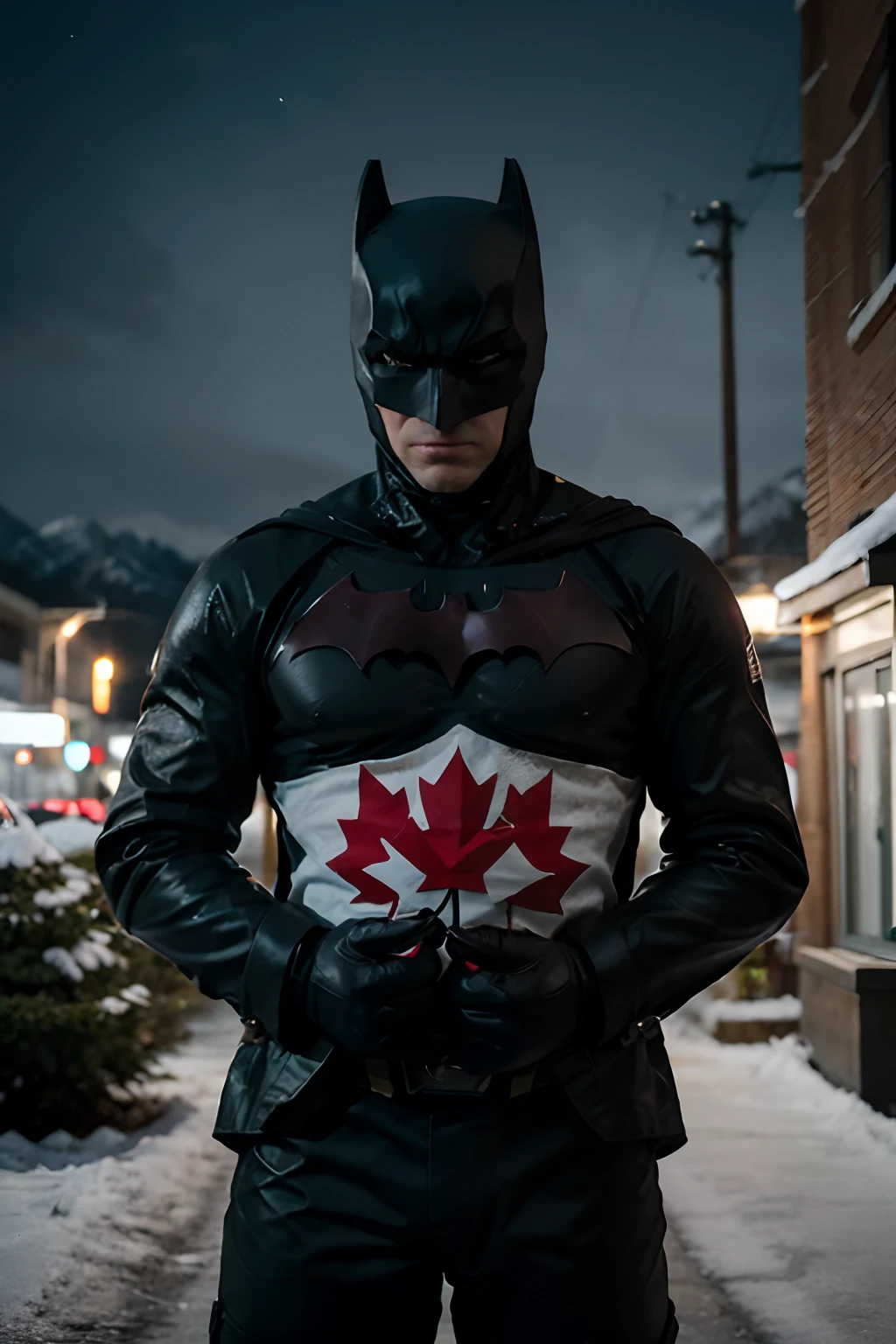 Generate a visually captivating image of Batman infused with Canadian-inspired elements. Utilize the red and white color scheme of the Canadian flag to accentuate his costume while preserving the iconic Batman silhouette. Incorporate notable Canadian symbols such as prominent maple leaves, a hockey stick, or perhaps a backdrop of a Canadian landscape, like a pristine forest or a majestic mountain range. Make sure that Batman's costume maintains its dark and brooding essence while integrating these Canadian features seamlessly. The image should evoke a sense of Batman embracing Canadian culture, creating a unique and compelling fusion of these two iconic themes