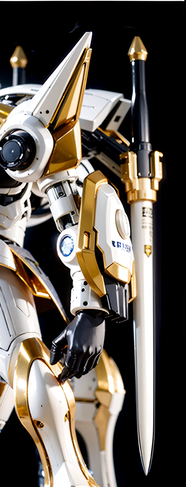 Mecha Robot Arm, White and gold metal parts, White metallic sword with black hilt and gold details. Black Metallic Hand