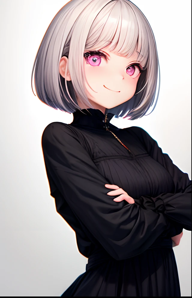 girl with、No background、without background、Background through、Gray hair、Gray hair、greyt hair、short-cut、bob cuts、Subject bangs、Pattsun bangs、Aligned bangs、Sareme、Sauce order、Pink eyes、Pink eyes、embarrassed from、A shy smile、Black dress、Moe Sleeve、Long sleeves、kawaii、No background