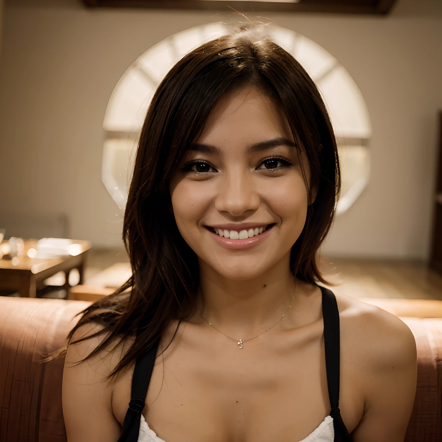 Morena clara, slender and athletic body,  desnuda, sabello lacio, sonriendo