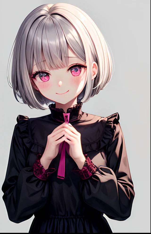 girl with、No background、without background、Background through、Gray hair、Gray hair、greyt hair、short-cut、bob cuts、Subject bangs、Pattsun bangs、Aligned bangs、Sareme、Sauce order、Pink eyes、Pink eyes、embarrassed from、A shy smile、Black dress、Moe Sleeve、Long sleeves、kawaii、No background