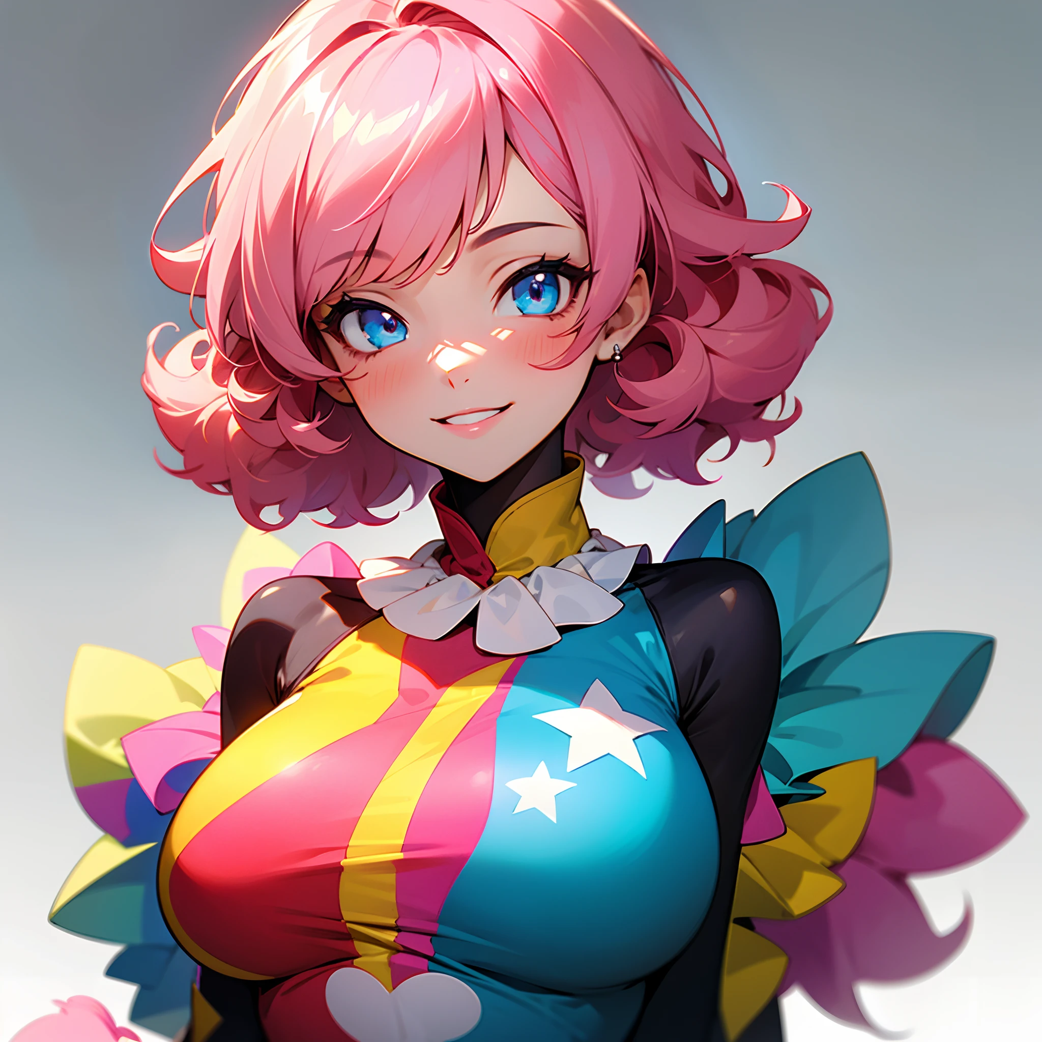 1girl, short curly fluffy pink hair, blue eyes, big breasts, cheerfull smile, clown clothes, solo, best quality, masterpiece, portrait, simple background, looking at the camera, from the front, 1result, vibrant, detailed, perfect anatomy, detailed art, high definition, 4k, high resolution.