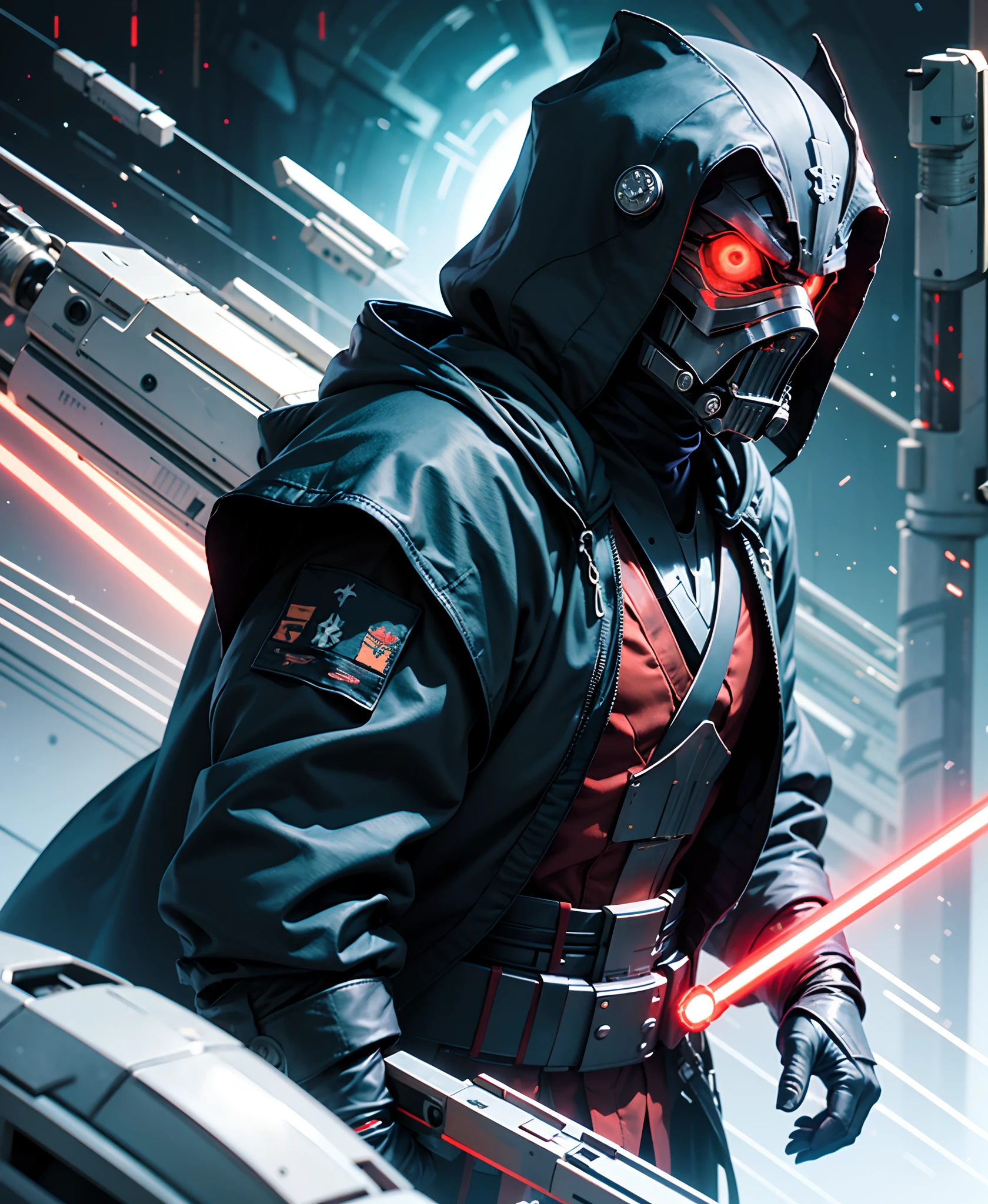 A sith with a metal mask with red glowing eyes and a black hood and robes with dual dark crimson sabers