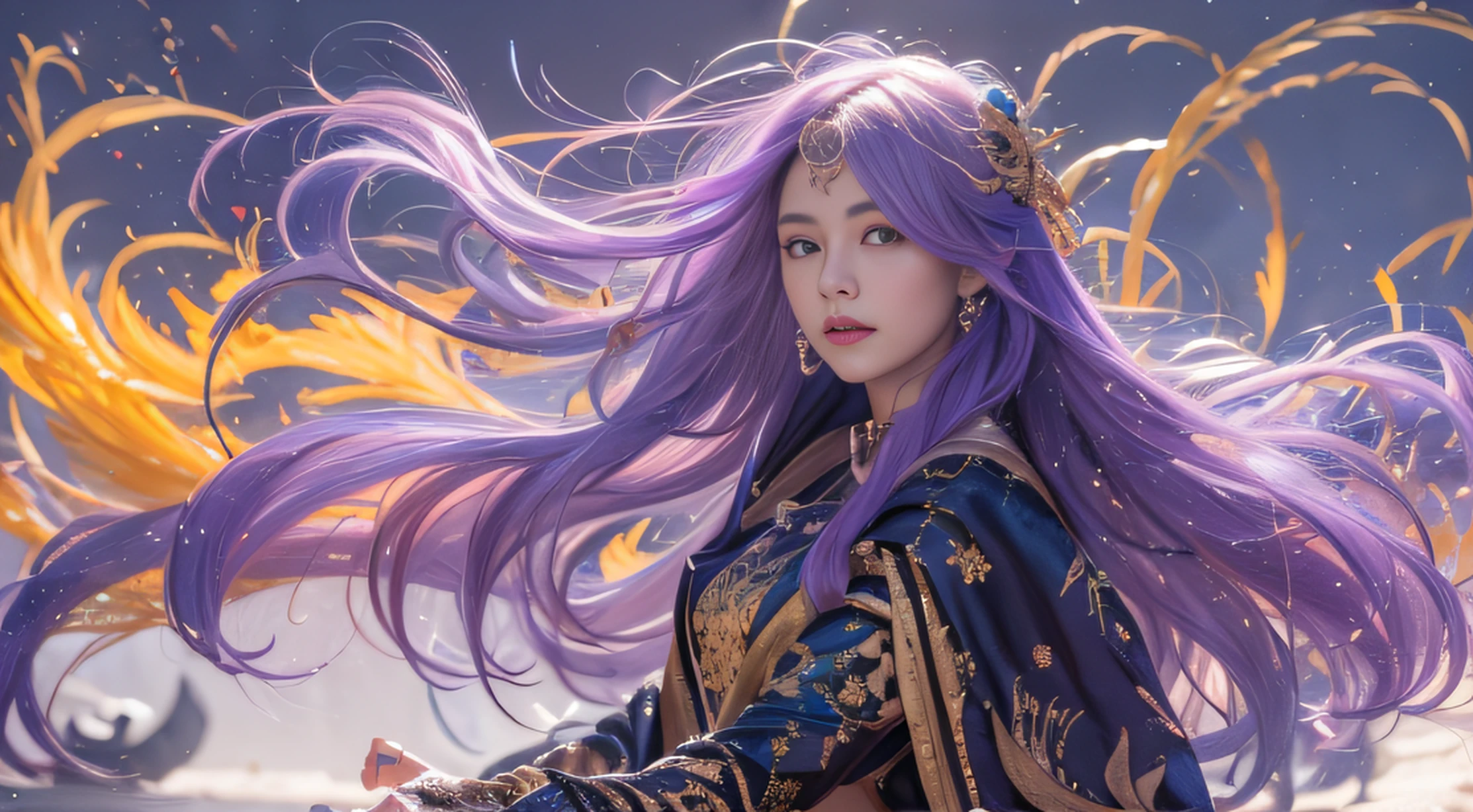 32K（tmasterpiece，k hd，hyper HD，32K）Long flowing bright purple hair，Autumn Pond，zydink， a color， Asian people （Silly girl）， （Silk scarf）， Combat posture， looking at the ground， long whitr hair， Floating bright purple， Fire cloud pattern gold tiara， Chinese long-sleeved gold silk garment， （abstract ink splash：1.2）， smoky background，Lotus protector（realisticlying：1.4），Bright purple hair，Smoke on the road，The background is pure， A high resolution， the detail， RAW photogr， Sharp Re， Nikon D850 Film Stock Photo by Jefferies Lee 4 Kodak Portra 400 Camera F1.6 shots, Rich colors, ultra-realistic vivid textures, Dramatic lighting, Unreal Engine Art Station Trend, cinestir 800，Long flowing bright purple hair