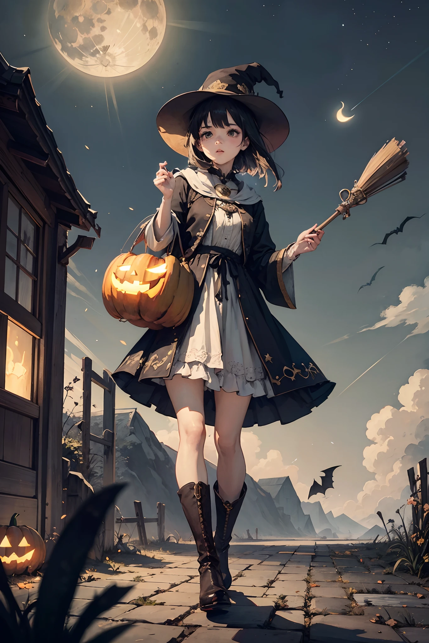 tmasterpiece,best qualtiy,ultra - detailed,illustratio,Halloween,1girll,独奏,fanciful,flight,broom,nigh sky,exteriors,Jack-o'-lantern,Confectionery,magia,incantation,themoon,As estrelas,clouds,ventania,the hair,cloaks,bucket-hat,Boots,broom,Glow,mistic,carismatic,fanciful,Naughty,adventuring,liberta,miracle,imagination,Resolution,skills,velocity,sport,energy,hentail realism,Naturalistic,concrete,Deleite para la vista,Fantasy culture,mito、fairytale-like、Folklore、legends、sorceress woman、the witcher、the bats、Fantastic creatures、fansty world、composition、proportionate、foreground、Middle ground、Background with、angle of view、llight rays、colours、Textured、the detail、Deleite para la vista、spectacle