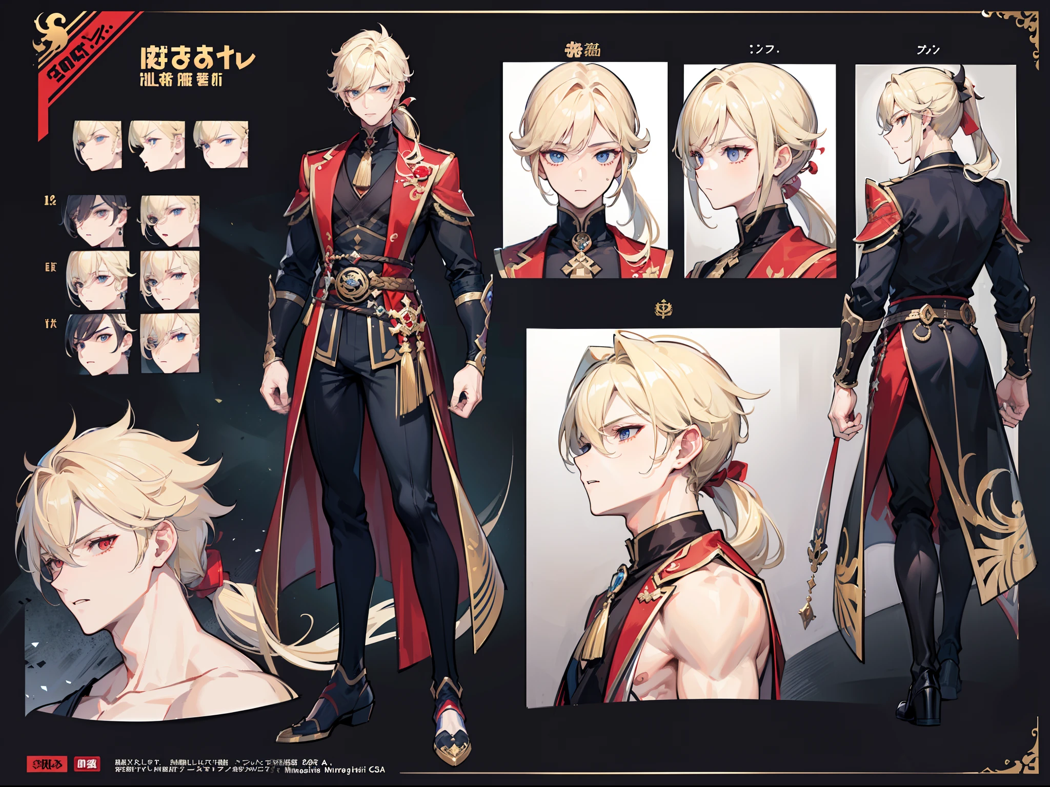 ((Masterpiece, Highest quality)), Male, boy, Detailed face, character design sheet, full bodyesbian, Full of details, frontal body view, back body view, Highly detailed, Depth, Many parts, Muscle boy with ponytail long blonde hair,handsome man, muscle body, vampire outfit clothes, Genshin Impact, man tall,