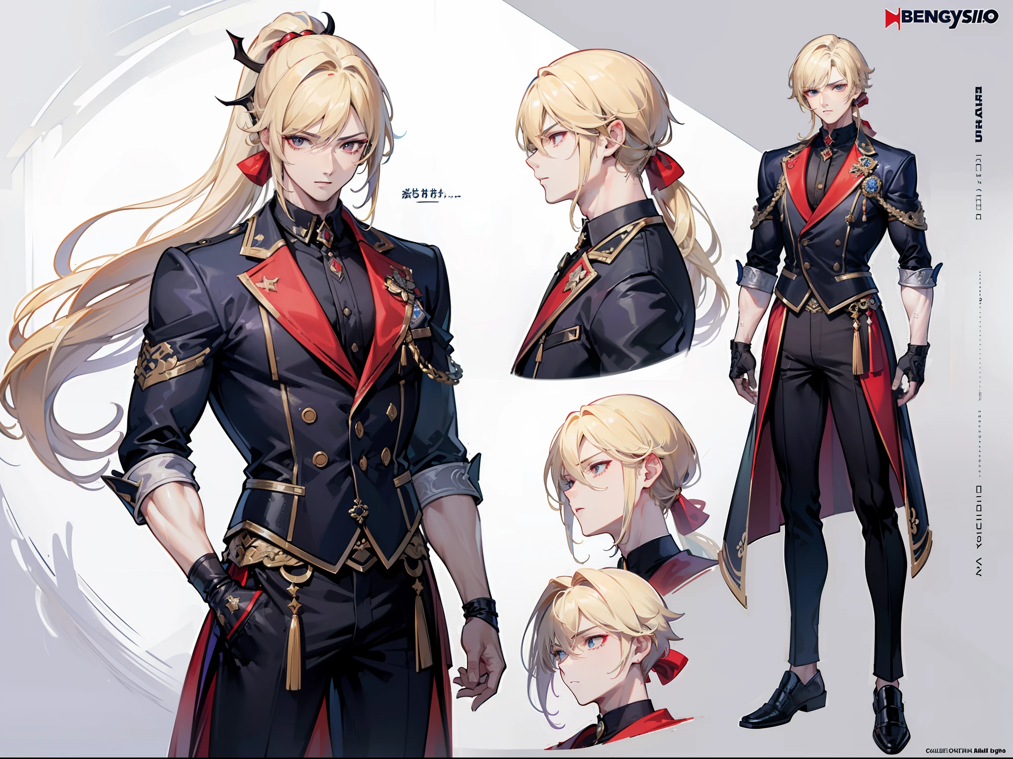 ((Masterpiece, Highest quality)), Male, boy, Detailed face, character design sheet, full bodyesbian, Full of details, frontal body view, back body view, Highly detailed, Depth, Many parts, Muscle boy with ponytail long blonde hair,handsome man, muscle body, vampire outfit clothes, Genshin Impact, man tall,