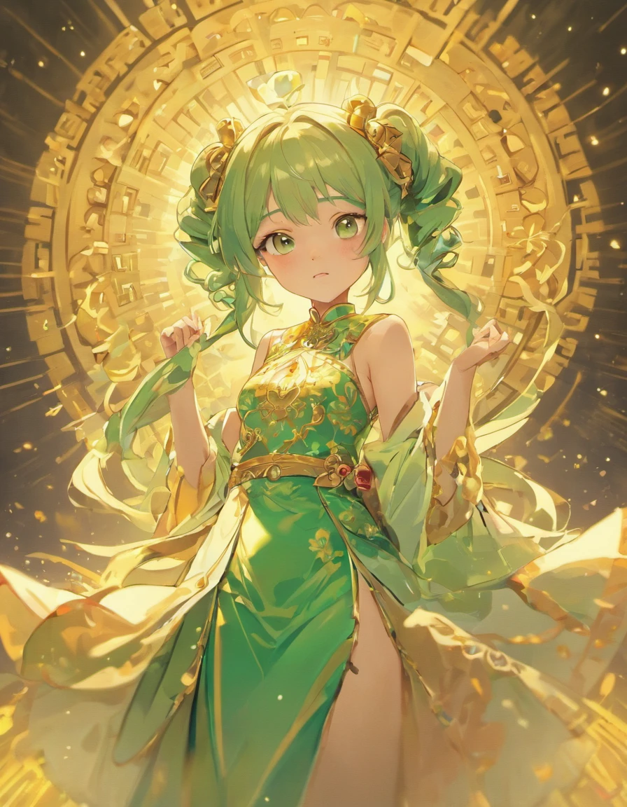 short girl, 1girl, solo, masterpiece, highres, solo, 8k, detailed, perfect face, best quality, (ultra high quality), (looking at viewers), (armpit), bare arms, small breast, sideboob, black hair, long hair, ponytail hair, hair bangs, green eyes, chinese dress, traditional dress, green dress, slim body, upper body, smile, hand up