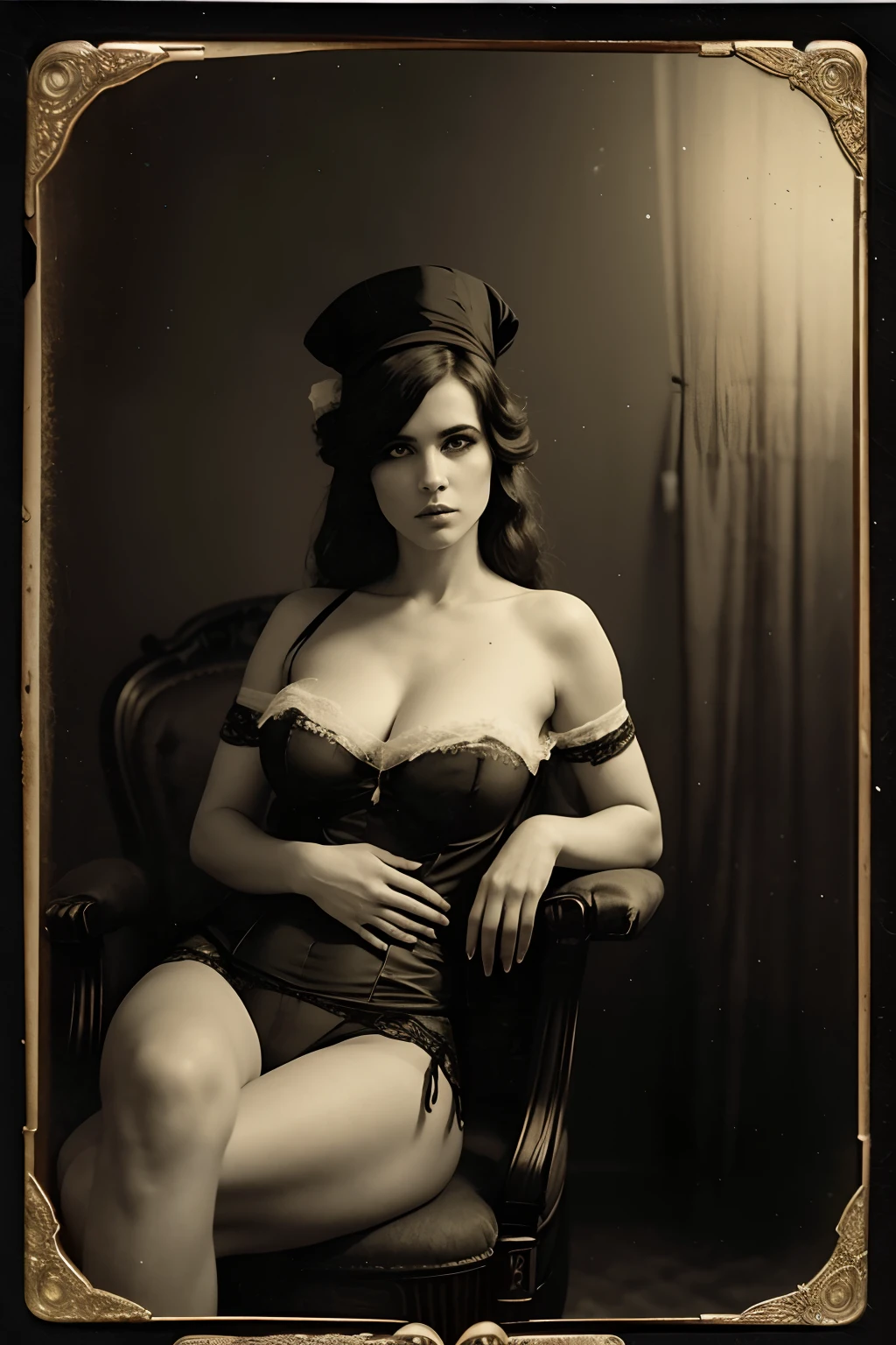 fotografia vintage tintype, mulher assombrosa no chaise lounge, Ela excreta ectoplasma branco das narinas, Gossamer mist surrounds, olhos negros cheios de medo, ghostly, dark medium in the exquisite New Orleans room she's in