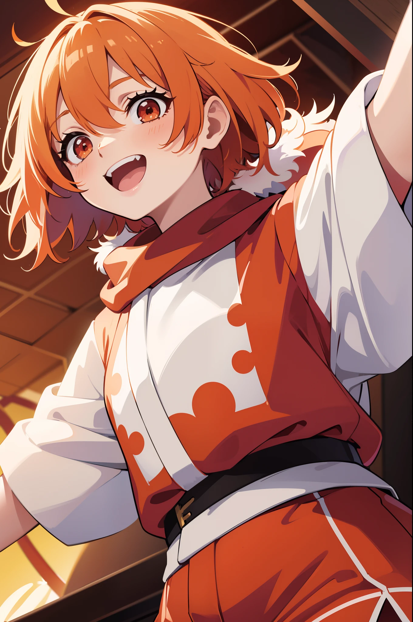 1girl, solo, li, smlight orange hair, short hair, bob cut, messy hair, hair between eyes, ((feather hair accesories)),, red eyes, mono color clothes, red bloomers, red shirt, red karate uniform, karate uniform, ((fur scarf)), smile, happy, open mouth, upper body, close-up, colorful, color streaked background, masterpiece, illustration, 8k,
