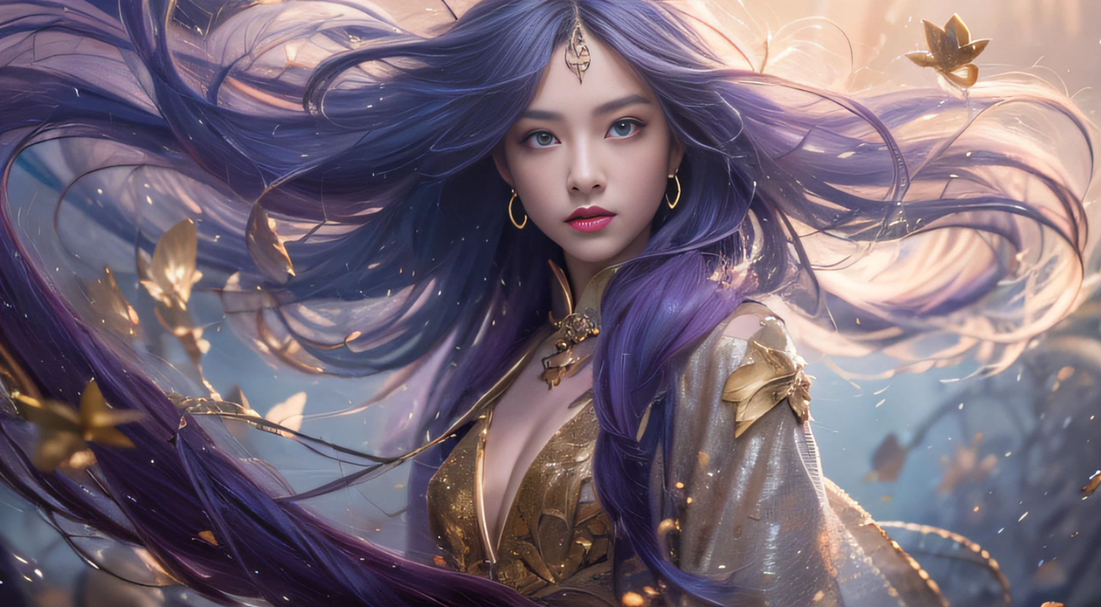 Fantasy Fairy Girl 32K(tmasterpiece,k hd,hyper HD,32K)Long flowing bright purple hair,Autumn Pond,zydink, a color, Fantasy fairy girl(Playful girl), (Silk scarf), Combat posture, looking at the ground, long whitr hair, Floating bright purple, Fire cloud pattern gold tiara, Chinese long-sleeved gold silk garment,Fantasy fairy girl (abstract ink splash:1.2), smoky background,Lotus protector(realisticlying:1.4),Bright purple hair,Smoke on the road,The background is pure, A high resolution, the detail, RAW photogr, Sharp Re, Nikon D850 Film Stock Photo by Jefferies Lee 4 Kodak Portra 400 Camera F1.6 shots, Rich colors, ultra-realistic vivid textures, Dramatic lighting, Unreal Engine Art Station Trend, cinestir 800,Fantasy fairy girl