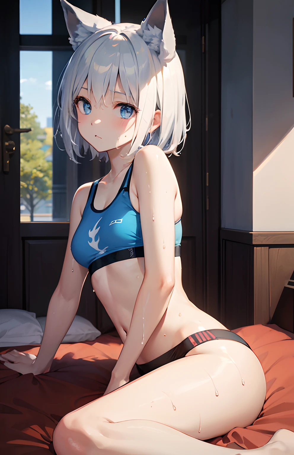 ​masterpiece,Top image quality,hight resolution,imagem 4k,Raw photo,Photorealsitic,{Solo},teens girl,silber hair,Bery short hair,stare at each other,Blue eyes,小柄,Silver fox ears,Fox tail,on the beds,shrine maiden,,boyish,,Wet、small tits,Sportsbra,undergarment,a junior high school student,blazers