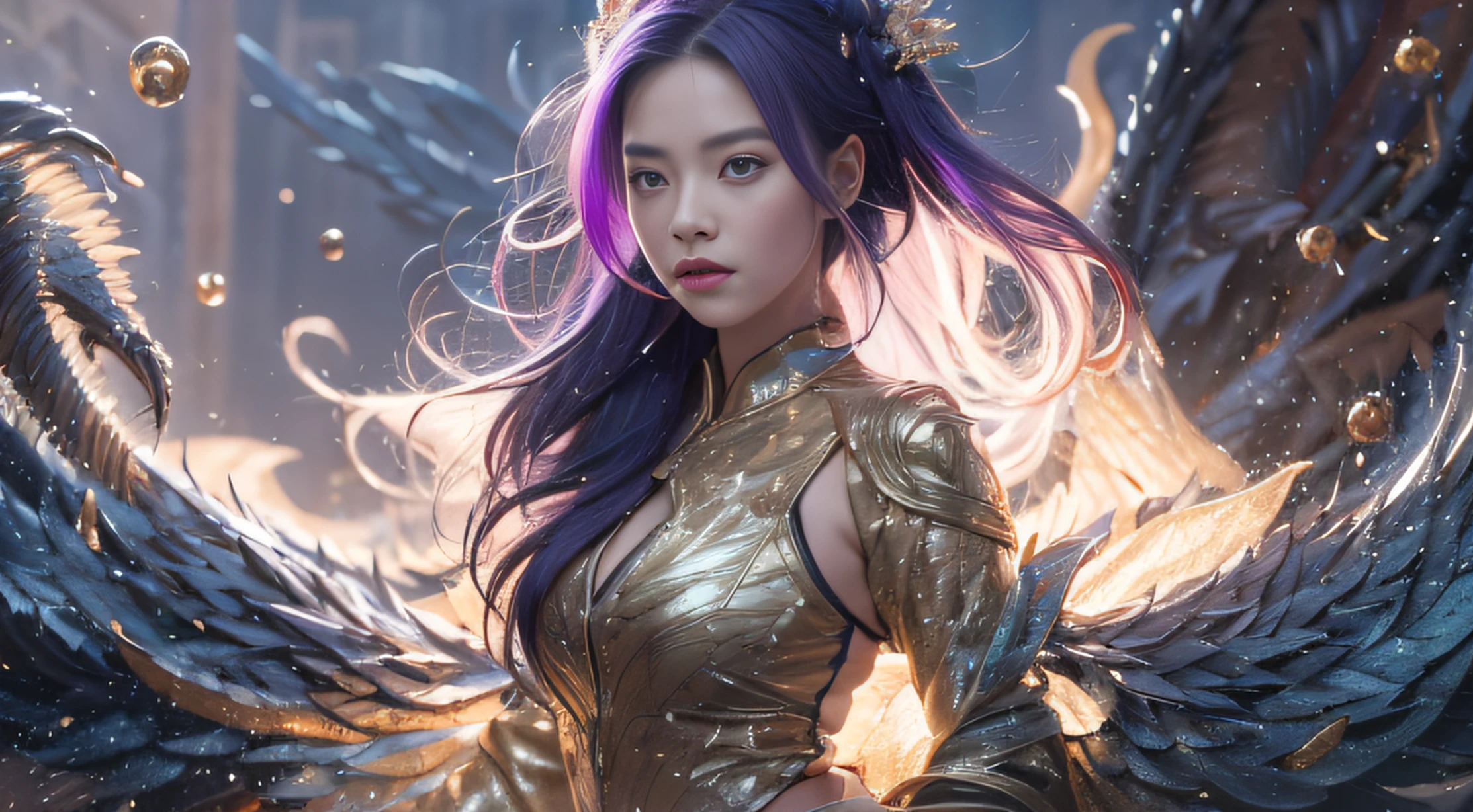 32K（tmasterpiece，k hd，hyper HD，32K）Long flowing bright purple hair，Autumn Pond，zydink， a color， Asian people （Playful girl）， （Silk scarf）， Combat posture， looking at the ground， long whitr hair， Floating bright purple， Fire cloud pattern gold tiara， Chinese long-sleeved gold silk garment， （abstract ink splash：1.2）， smoky background，Lotus protector（realisticlying：1.4），Bright purple hair，Smoke on the road，The background is pure， A high resolution， the detail， RAW photogr， Sharp Re， Nikon D850 Film Stock Photo by Jefferies Lee 4 Kodak Portra 400 Camera F1.6 shots, Rich colors, ultra-realistic vivid textures, Dramatic lighting, Unreal Engine Art Station Trend, cinestir 800，Long flowing bright purple hair