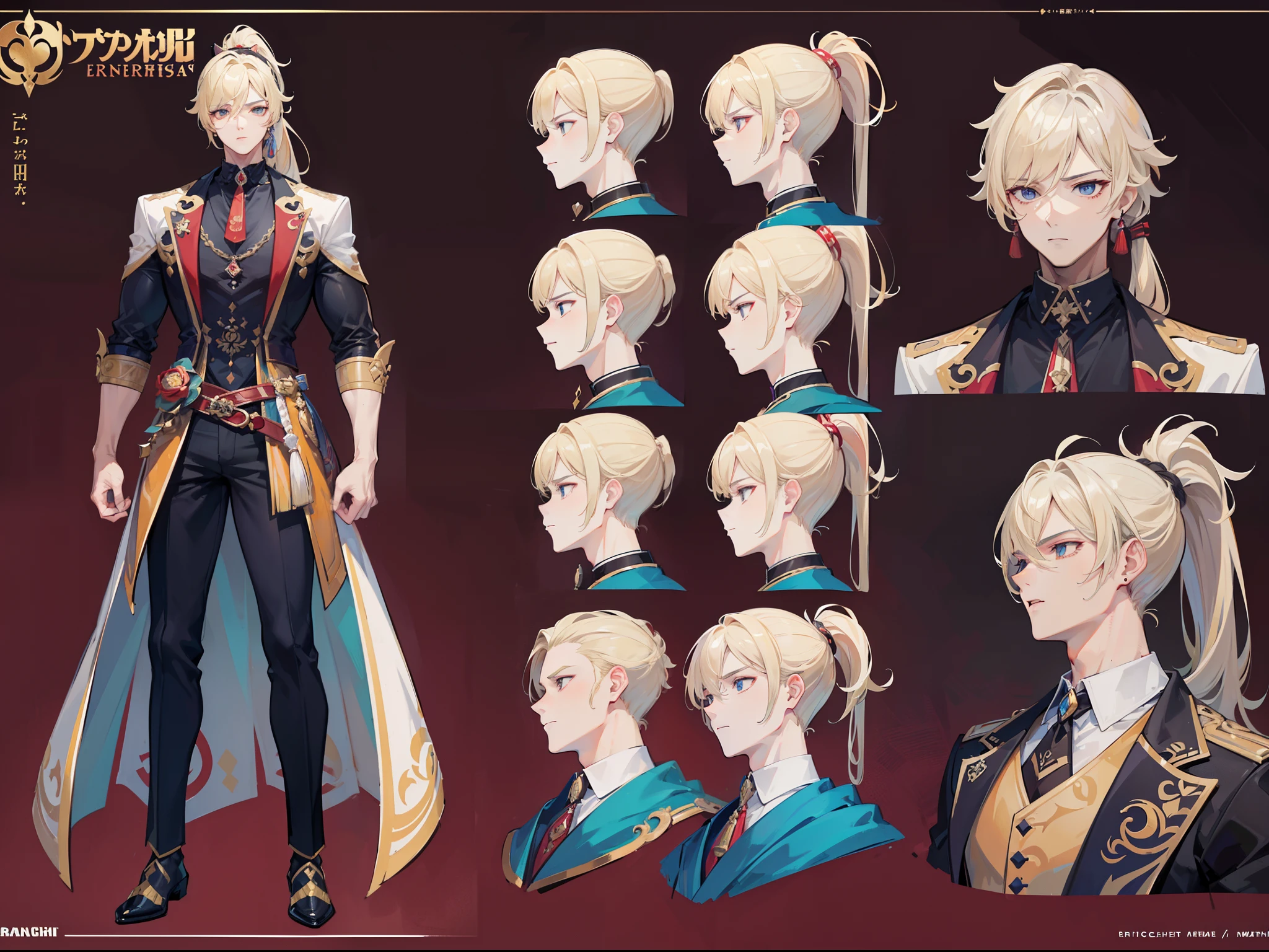 ((Masterpiece, Highest quality)), Male, boy, Detailed face, character design sheet, full bodyesbian, Full of details, frontal body view, back body view, Highly detailed, Depth, Many parts, Muscle boy with ponytail long blonde hair,handsome man, muscle body, vampire outfit clothes, Genshin Impact, man tall,