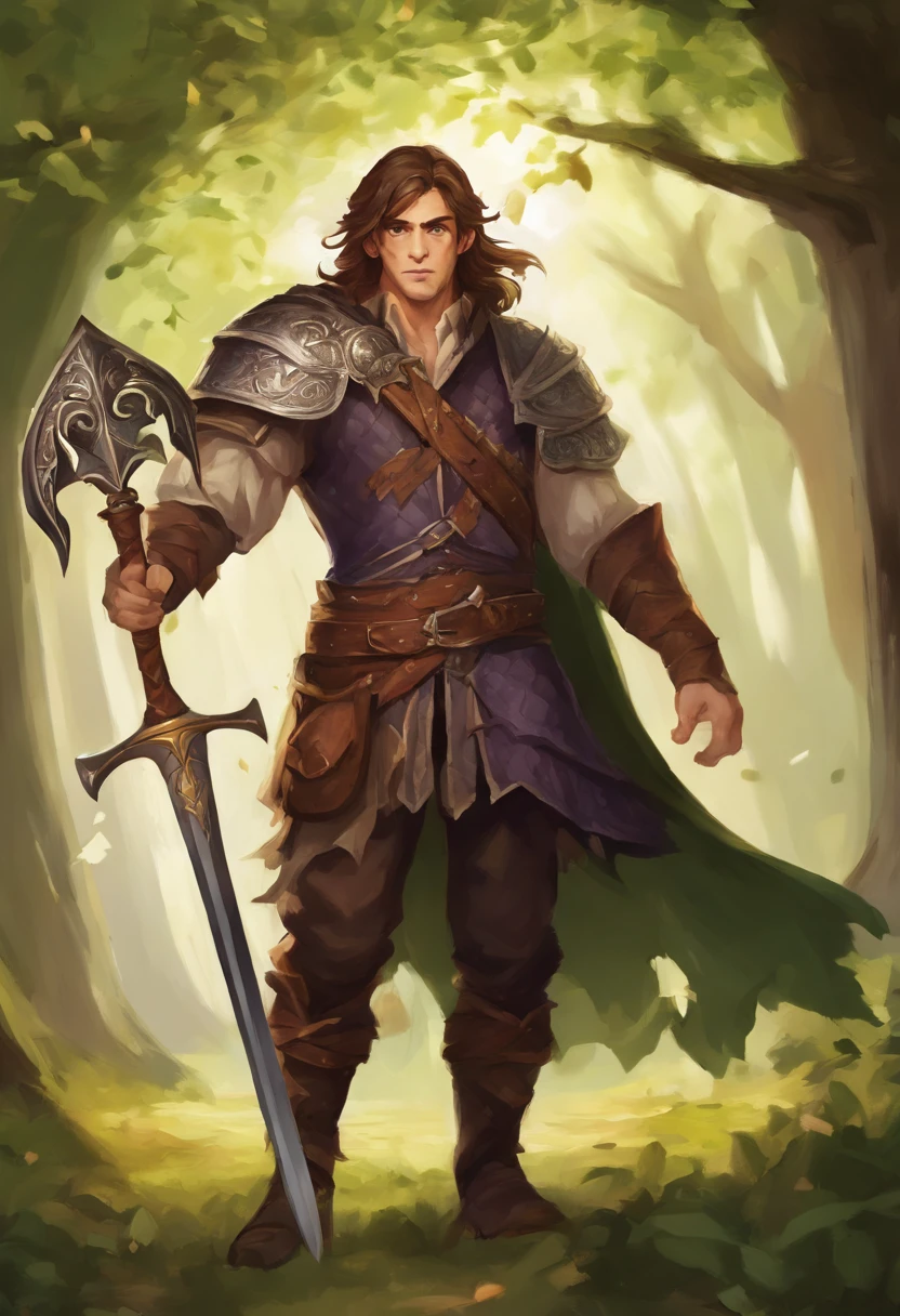 I am a wizard able to use magic shields. He has a fierce expression on his face. He has brown hair and a soft face. He must wear a medieval mercenary outfit and an shield and staff in his hand. He must be standing in a dark and ominous wood.