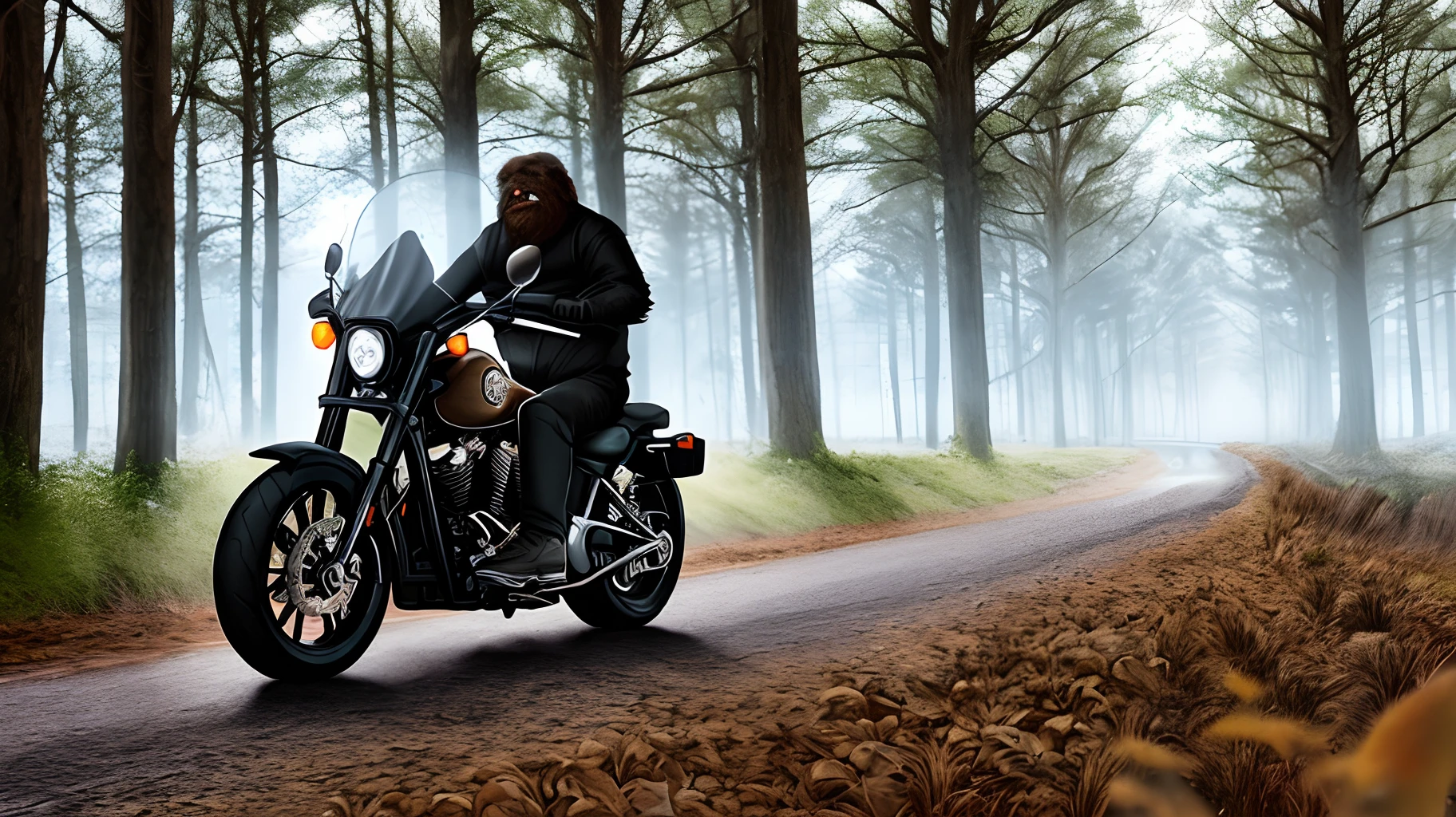 Sasquatch riding a harley davidson motorcycle scary woods dark creepy Halloween