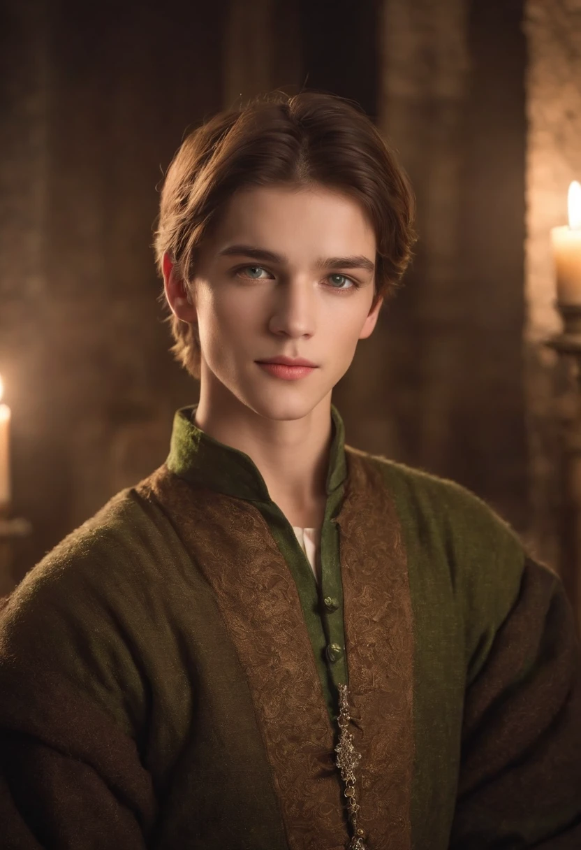 fair complexion, male around 19 years old, brown hair, distinctive green eyes, flat chest, short hair, fluffy hair, wearing kohl, slender and graceful, beautiful, candlelight in a medieval setting, ultra sharp focus, realistic shot, medieval female clothes, tetradic colors, big butt, wide hips, full body,