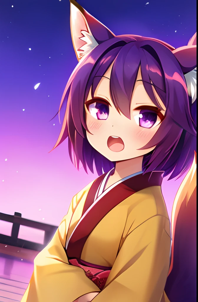 1girl, animal_ear_fluff, animal_ears, bad_id, bad_pixiv_id, blush, chestnut_mouth, commentary_request, fox_ears, fox_tail, hatsuse_izuna, japanese_clothes, kimono, no_game_no_life, open_mouth, photoshop_(medium), purple_eyes, purple_hair, solo, tail, yuizaki_kazuya