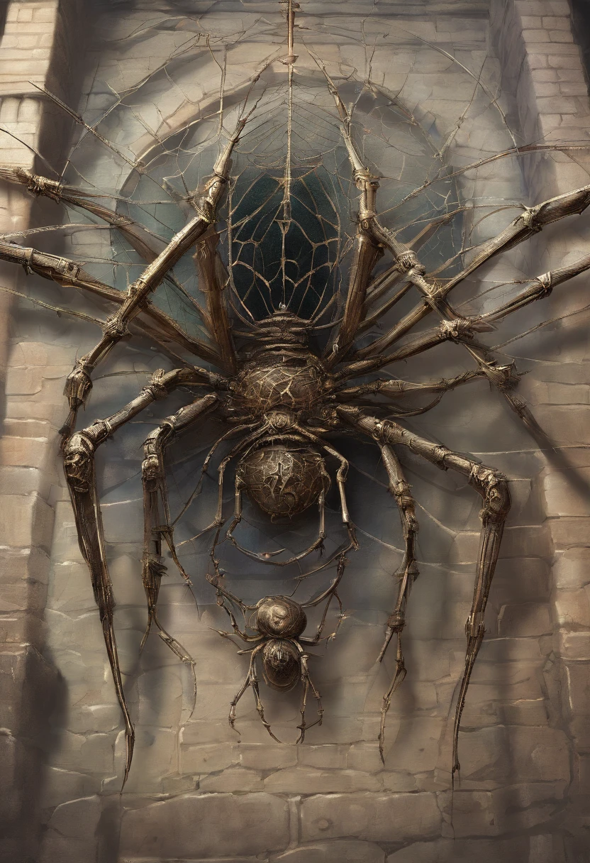 Huge Metal Spider That Is In Prison, A Warrior in a Wire Web , tyler edlin fantasy art, Humblewood Art Style, High Fantasy Illustration, guerrero , D sorprendentemente detallado & Arte D