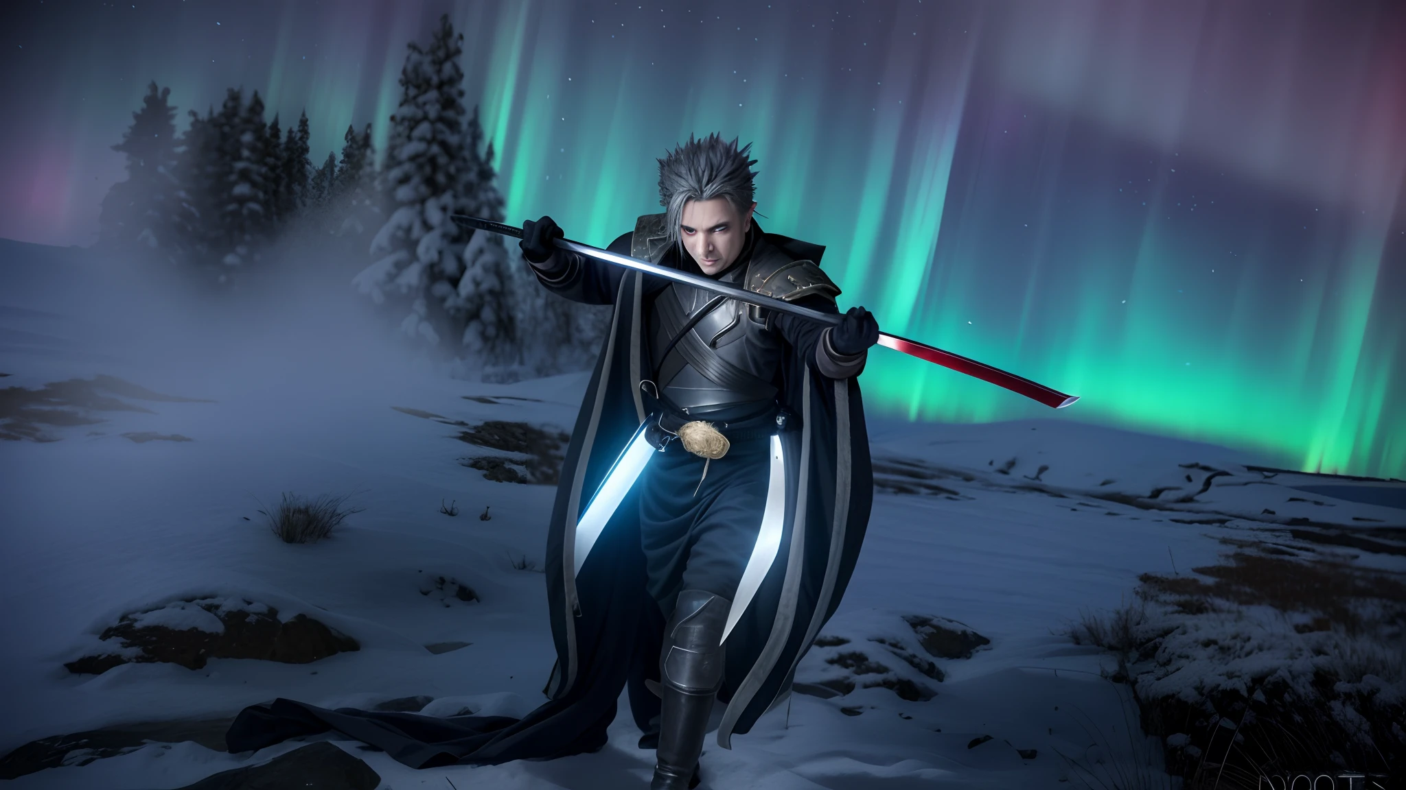 masterpiece, highly detailed photorealistic 8k raw pohoto, best cinematic quality, volumetric shadows, volumetric lighting, perfect 10k render, full body view, grey hair, spiky hair, red eyes, glowing red eyes, vampire, holding katana, unsheathing katana, vampire suit, aurora, northern lights