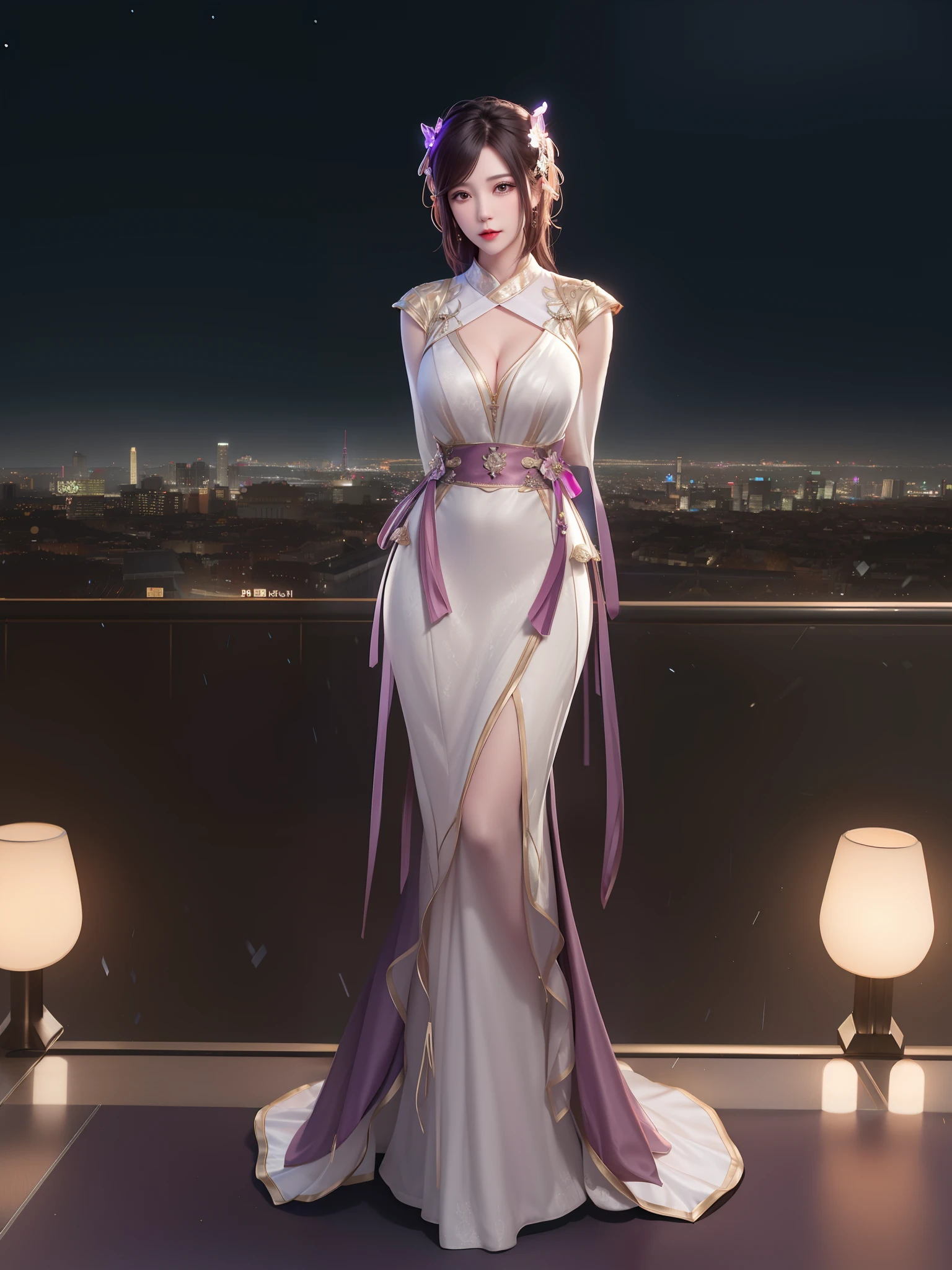 1girl, WMSJyunxiYR,mature female, looking at viewer, cityscape, night,hair ornament, ribbon, arms behind back, dress, cowboy shot, Full body workout,