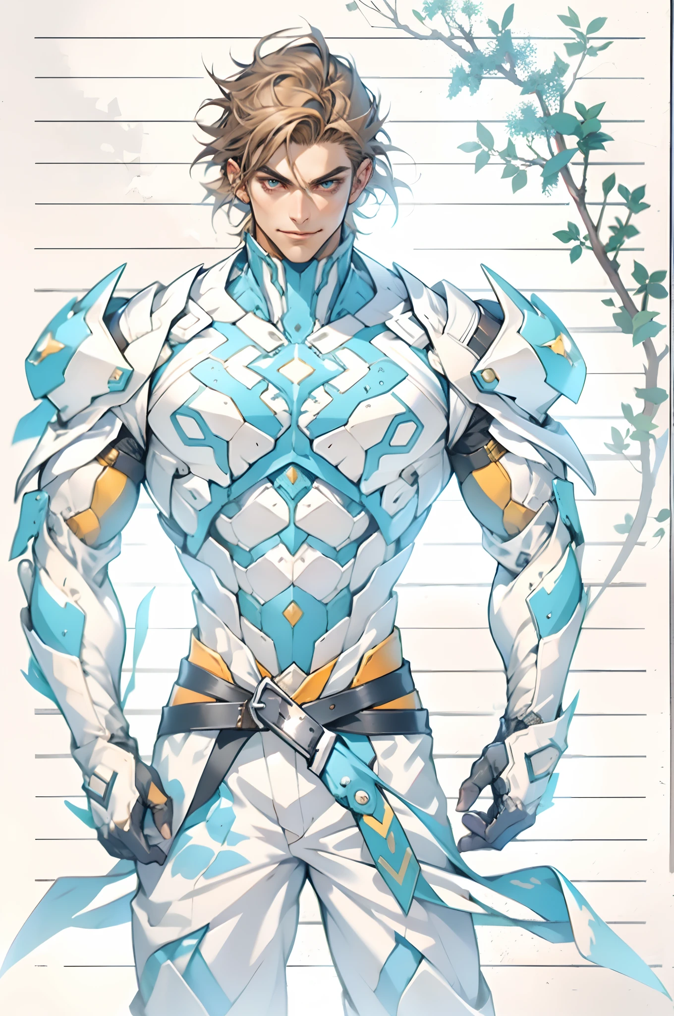 A young man with short orange-brown hair, a wild hairstyle, knife-like thick eyebrows, bright and spirited big eyes, a fearless expression, a smile at the corner of his mouth, he wears a bizarre fantasy surreal-style chest armor with scales textures, wearing a dark bodysuit underneath, fingerless gloves, a beautifully fur belt around his waist, matching coarse cloth trousers, undaunted and wild posture, the background depicts a torn sky and earth, this character embodies a finely crafted fantasy surreal-style in anime style, characterized by an exquisite and mature manga illustration art style, high definition, best quality, highres, ultra-detailed, ultra-fine painting, extremely delicate, professional, anatomically correct, symmetrical face, extremely detailed eyes and face, high quality eyes, creativity, RAW photo, UHD, 8k, Natural light, cinematic lighting, masterpiece-anatomy-perfect, masterpiece:1.5