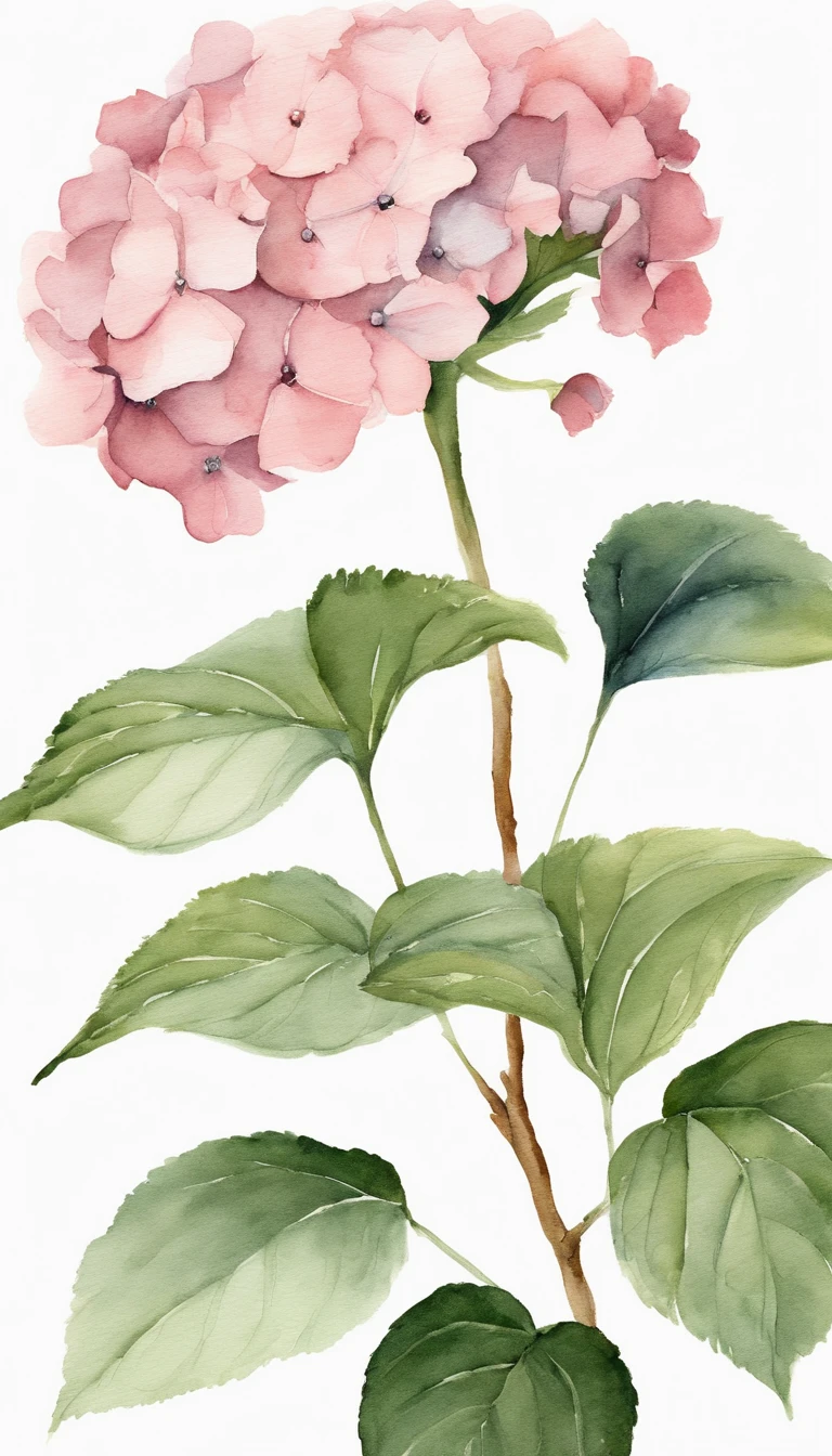 blush pink hydrangea, white background, minimalistic art