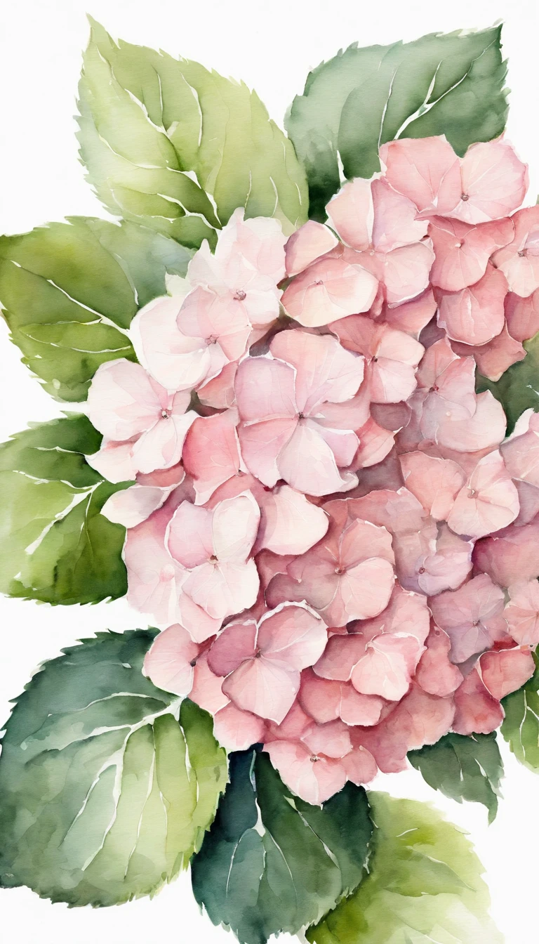 blush pink hydrangea, white background, minimalistic art