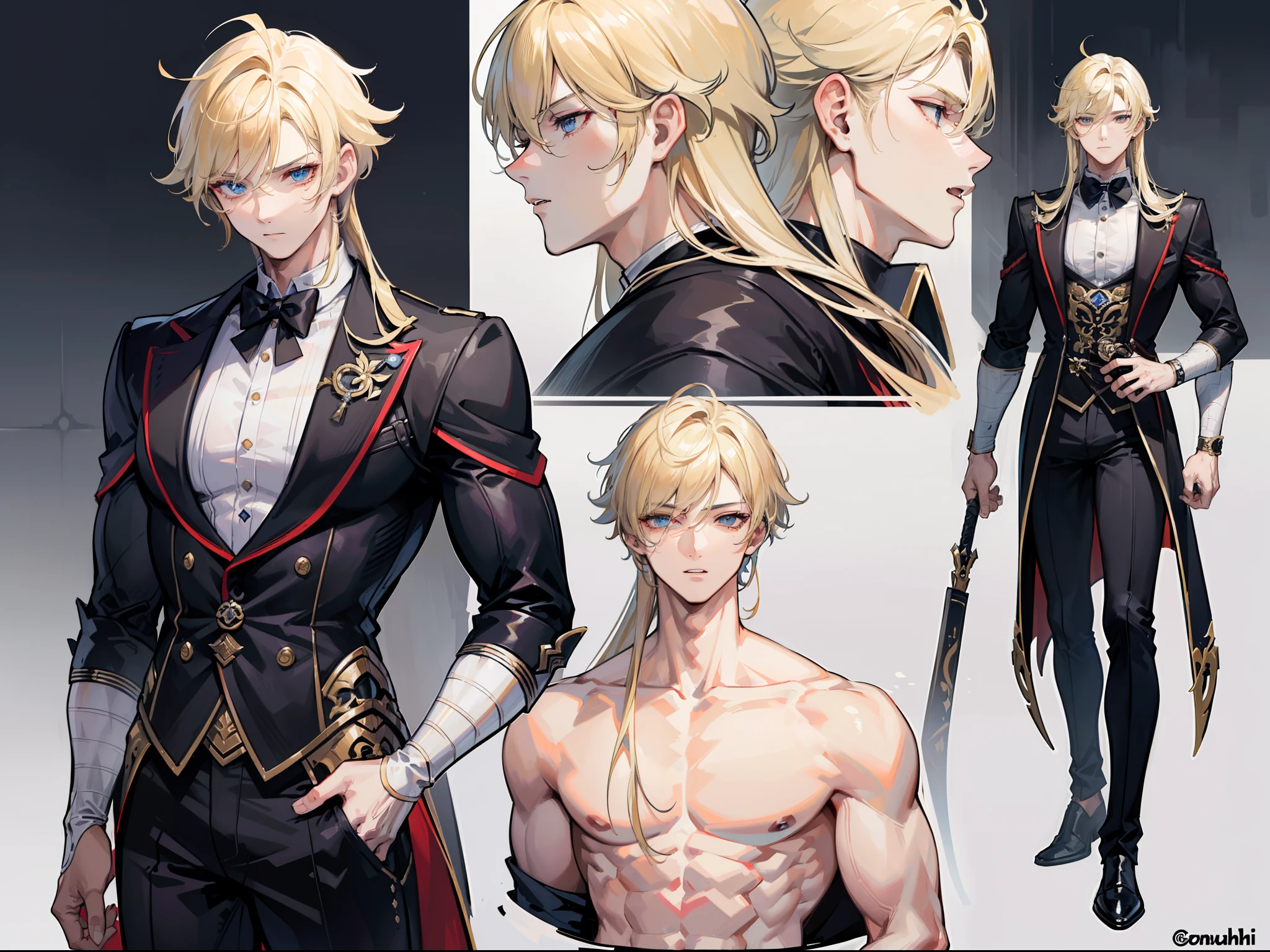 ((Masterpiece, Highest quality)), Male, boy, Detailed face, character design sheet, full bodyesbian, Full of details, frontal body view, back body view, Highly detailed, Depth, Many parts, Muscle boy with long blonde hair with long bangs,handsome man, muscle body, vampire outfit clothes, Genshin Impact, man tall