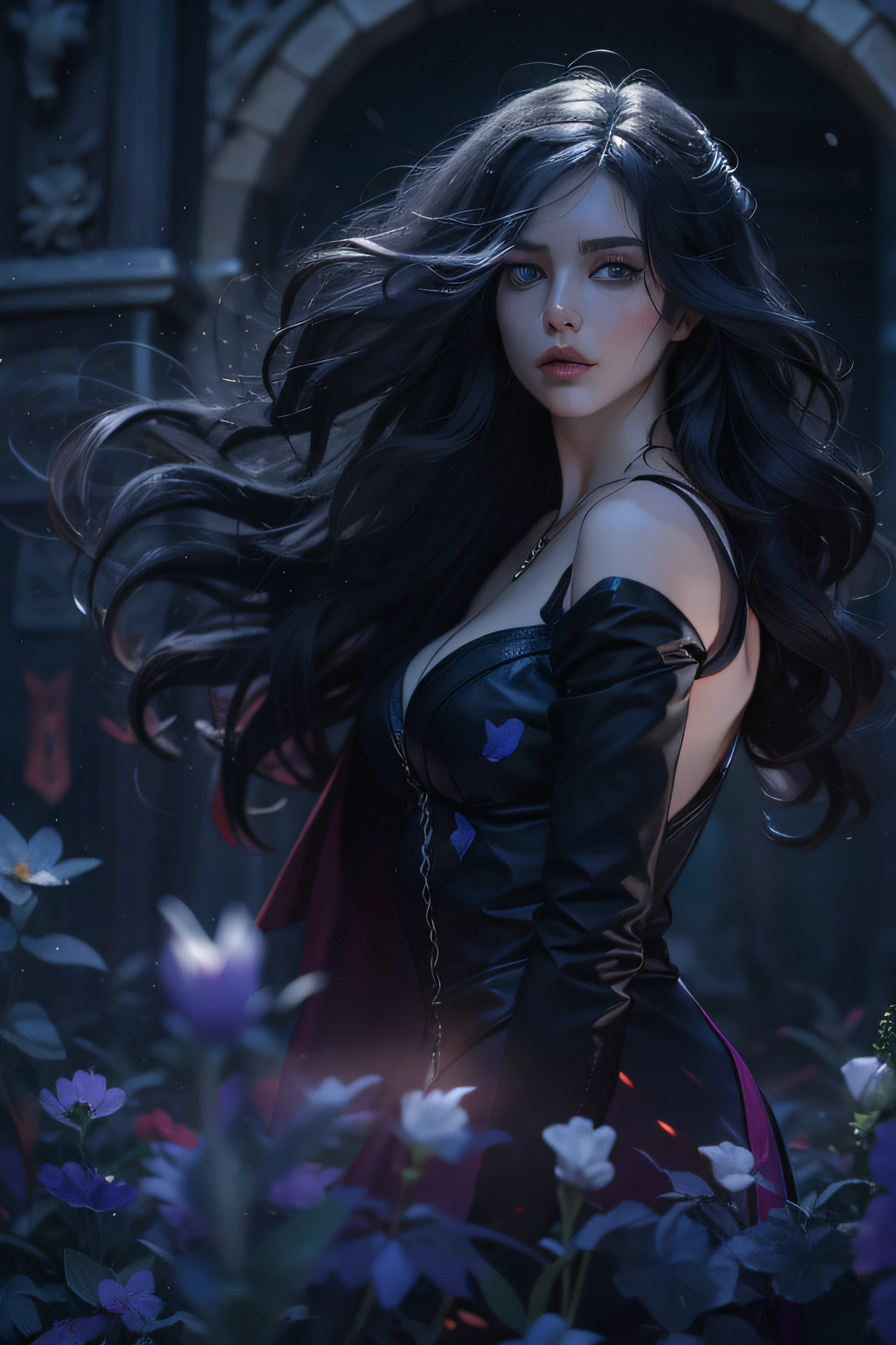 Beautiful woman reminiscent《the witcher》Yennefer in ,Long black hair and violet eyes as bright as constellations, tmasterpiece, hyper qualit, 8K, Hair fell on his shoulders, The background is a cemetery, She wore a black suit and tie.....