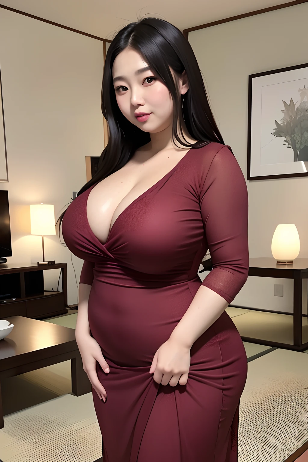 Beautiful, stepmom, japanese, fat, voluptuous, spaghetti midi dress, in the living room, seductive expression