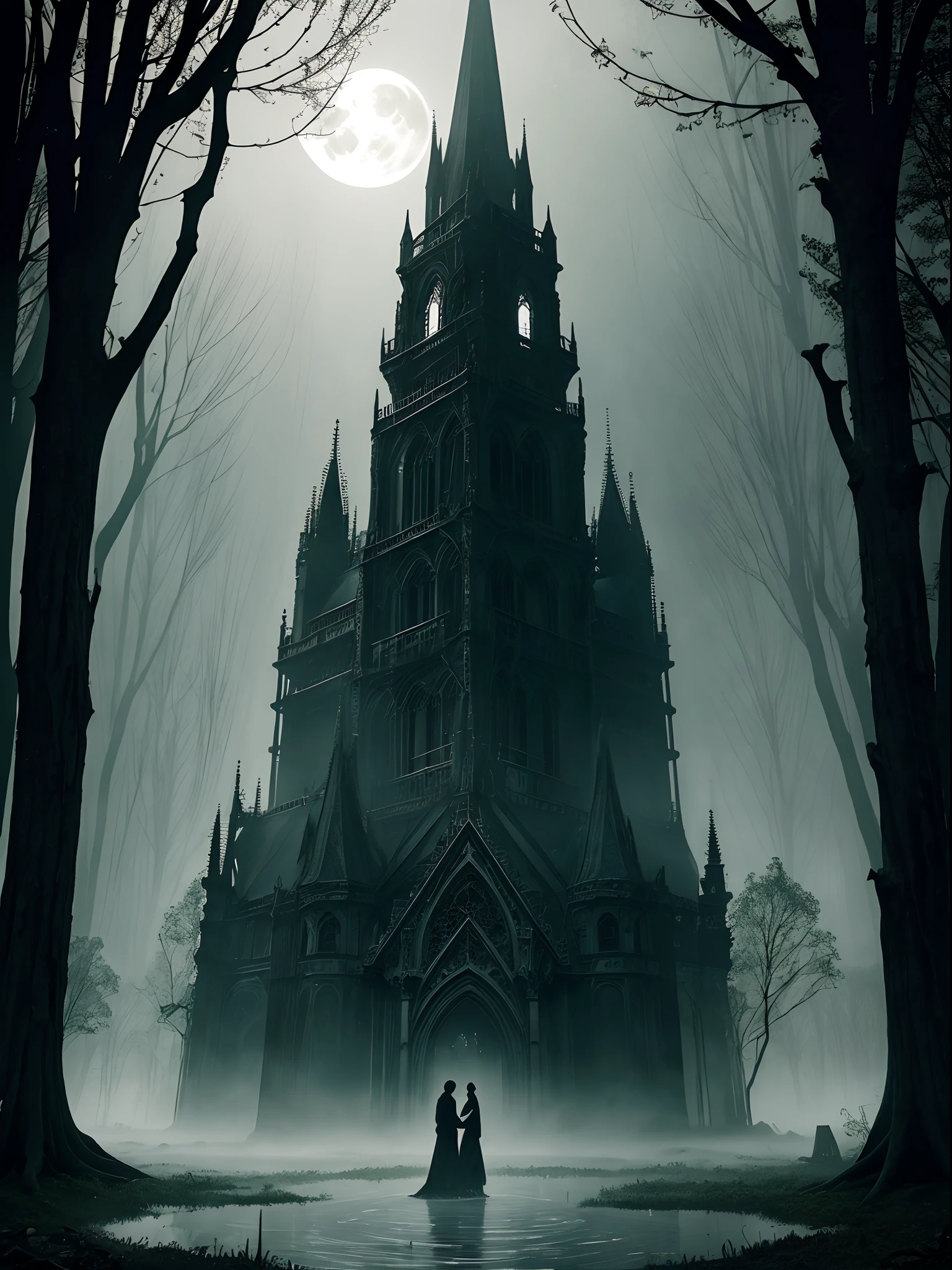 (gothic) architecture, (eerie) foggy atmosphere, (sinister) silhouettes of statues, (ominous) moonlight, (haunting) ghostly figures, (dark) shadows, (mysterious) mist, (enchanted) pumpkins, (ethereal) glow, (vibrant) fall colors, (intricate) cobwebs, (ominous) bats flying, (creepy) sound of footsteps, (spooky) vines crawling, (magical) lanterns hanging, (elegantly decayed) staircase, (ghostly) whispers, (enigmatic) misty forest, (spectral) moon, (hauntingly beautiful) decay, (unsettling) silence, (enchanted) ivy-covered walls, (otherworldly) moonlit lake, (gloomy) trees, (mystical) moonbeams, (elegantly) tattered curtains, (macabre) chandeliers, (haunting) portraits on the wall, (thick) layers of fog, (ominous) thunderstorm in the distance, (mysterious) closed doors, (ethereal) floating leaves, (eerie) reflection in the water.