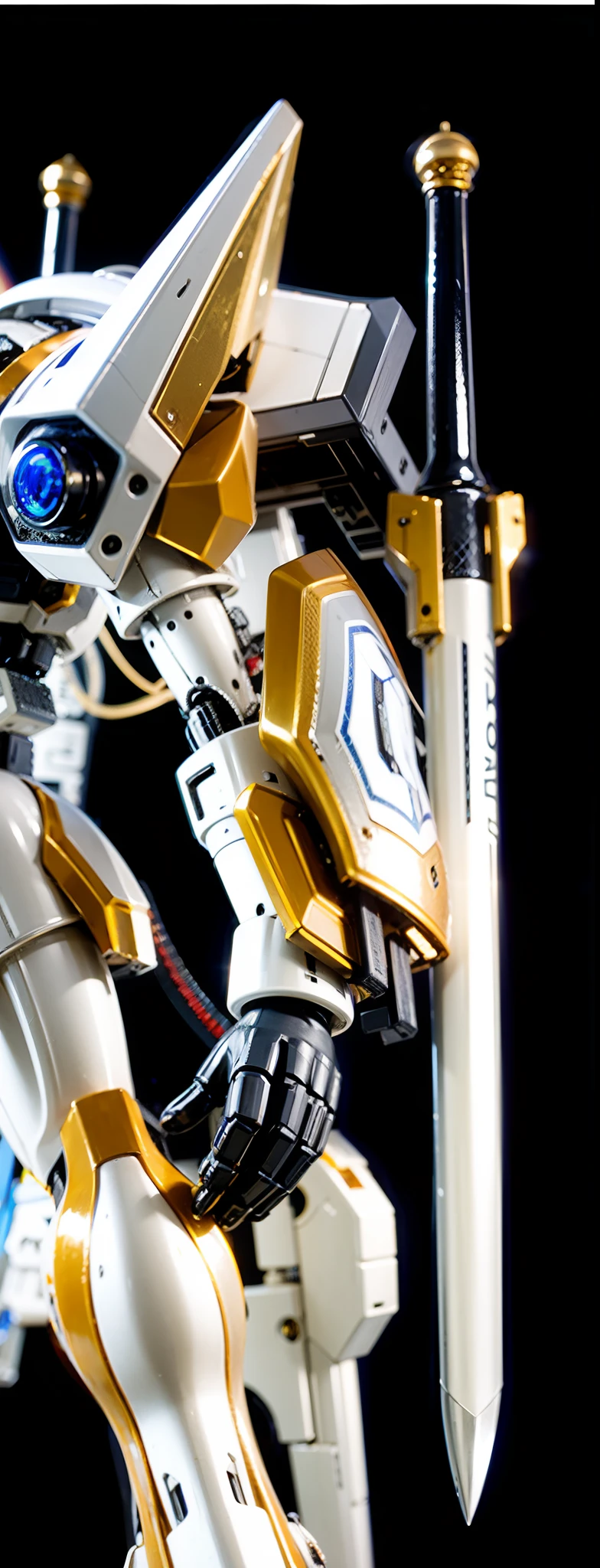 Mecha Robot Arm, White and gold metal parts, White metallic sword with black hilt and gold details. Black Metallic Hand
