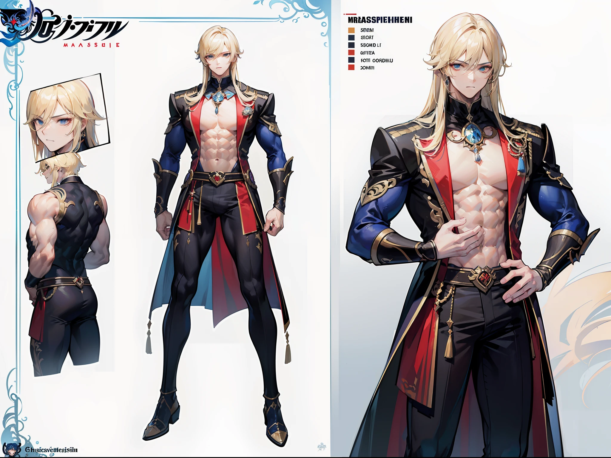 ((Masterpiece, Highest quality)), Male, boy, Detailed face, character design sheet， full bodyesbian, Full of details, frontal body view, back body view, Highly detailed, Depth, Many parts, Muscle boy with long blonde hair with long bangs，handsome man, muscle body, vampire outfits clothes, Genshin Impact, man tall, pectoral muscles, abs