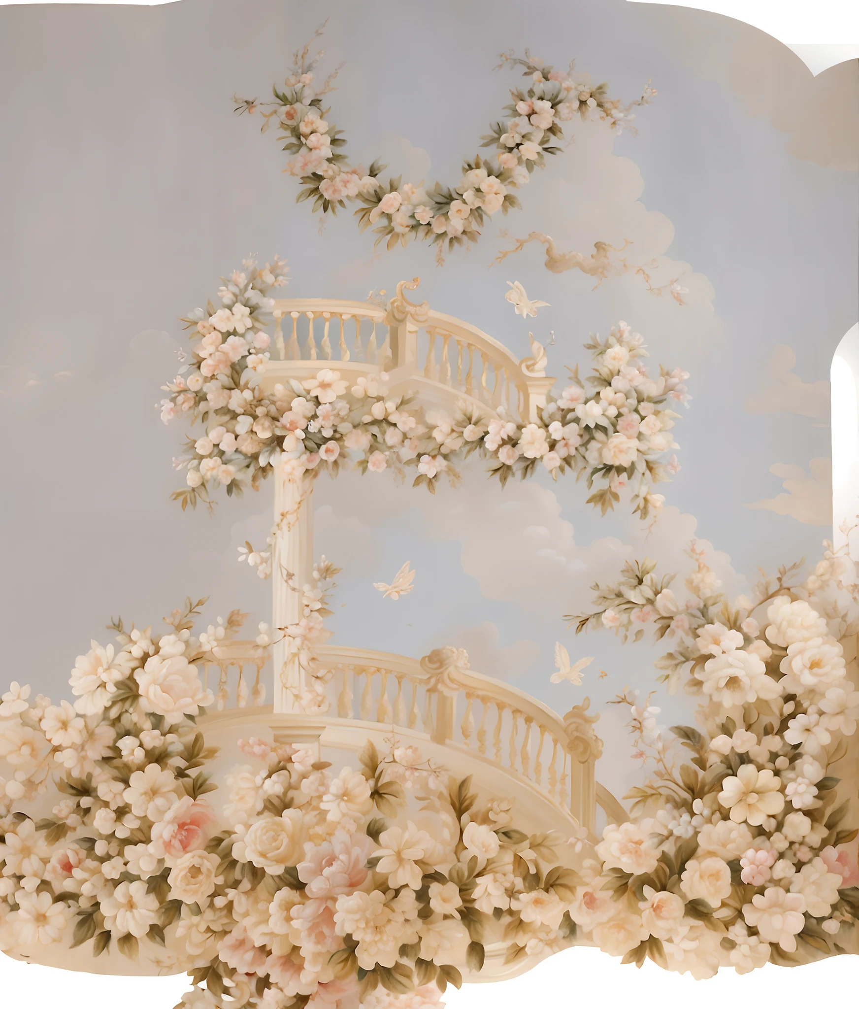 There is a painting of a white staircase with flowers, Baroque painting scenery, floral painted backdrop, stunning arcanum backdrop, rococo elements, ivory rococo, ornate backdrop, Rococo Decorations, Directed by: Li Mei-shu, Romantismo estilo de arte, heavens, heaven, coliseum backdrop, sonho floral, barroco, rococo art style