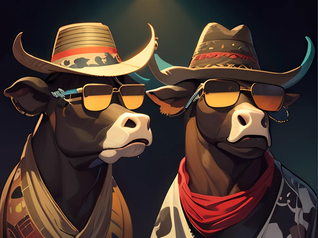 ２Cow in the head、Mexican Hats、Mexican、Lunette de soleil、Fashionable cow、The background is a bar counter at night、illustratio,Matte Effect[Matte Fukuto][Matt Fukuto][Matt Fukuto][Matt Fukuto][Matt Fukuto][Matt Fukuto][Matt Fukuto][Matt Fukuto], alcohol,banquet,wall paintings, wine barrel、goblet,