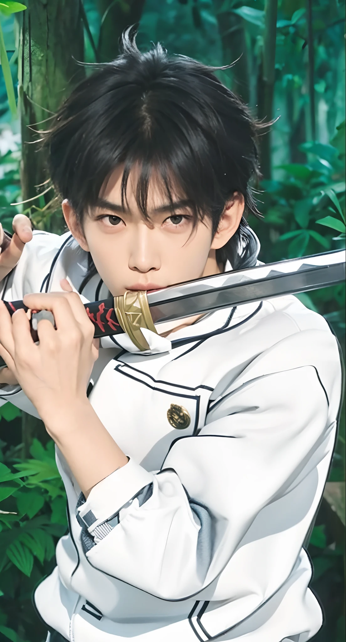 Real life adaption of this character, Korean Handsome face,looking to viewer, villain expression,realistic same hair ,realistic jungle with many grass background, hyper realistic, realistic light, realistic shadow, realism,(photorealistic:1.2), realistic same outfit white jacket, holding realistic katana