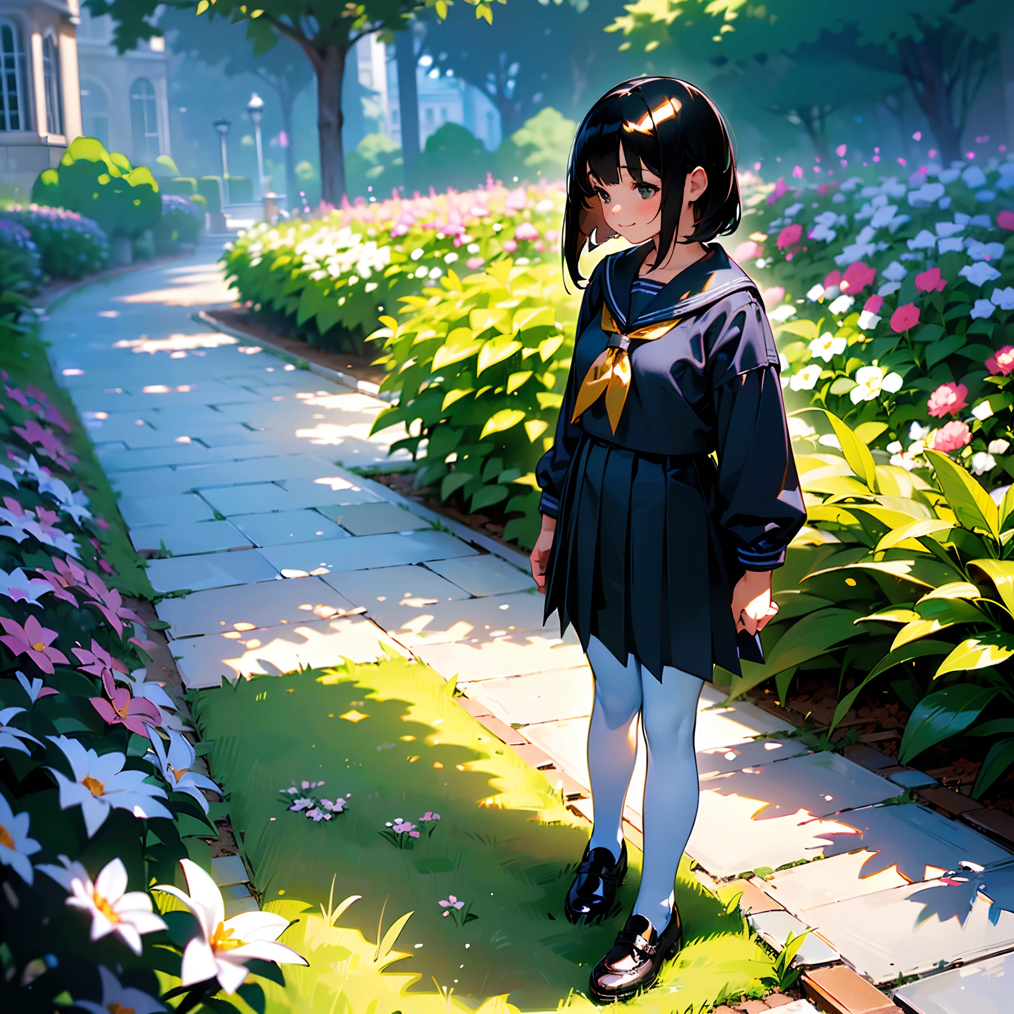 (Best Quality, hight resolution, Ultra-detailed, Realistic:1.37), peaceful ambiance, (plein air, garden), Teenage girl standing alone, Beautiful detailed features, Cute smile, ((Black bob hair)),Navy blue sailor suit, Pleated skirt,White tights,Brown leather shoes.