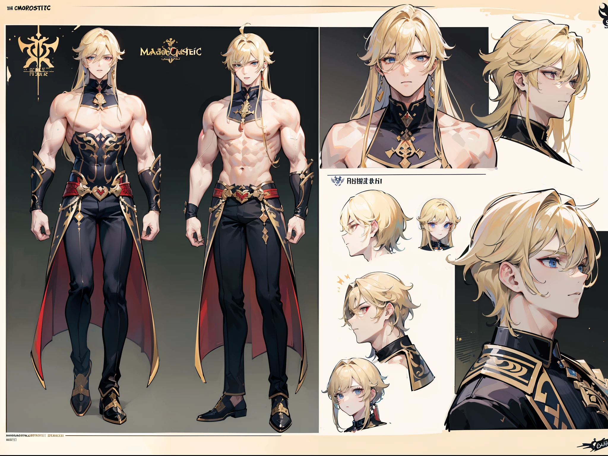 ((Masterpiece, Highest quality)), Male, boy, Detailed face, character design sheet， full bodyesbian, Full of details, frontal body view, back body view, Highly detailed, Depth, Many parts, Muscle boy with long blonde hair with long bangs，handsome man, muscle body, vampire outfits clothes, Genshin Impact, man tall, pectoral muscles, abs