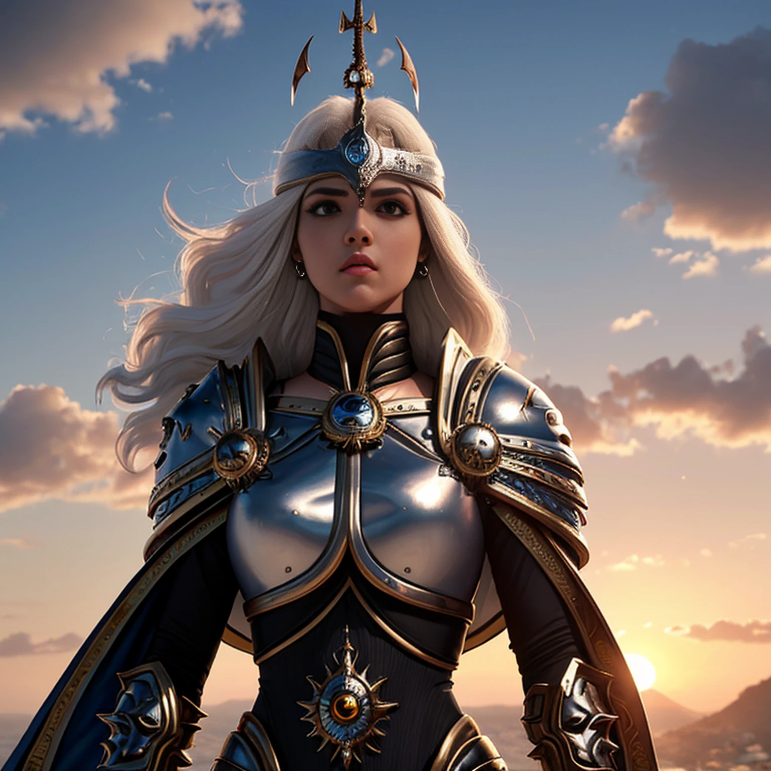 1 mulher elfa alta, de cabelo branco e bonita,, melhor qualidade, (beleza), 1 , Scenario-based rendering, cintura estreita, magro, olhos grandes, pernas longas, (seios pequenos), olhos inchados, de frente para um penhasco, fim de tarde, (sun sunset), de frente para o espectador, postura de luta, (segurando uma espada e escudo), a cold expression, armadura de dourada por todo o corpo