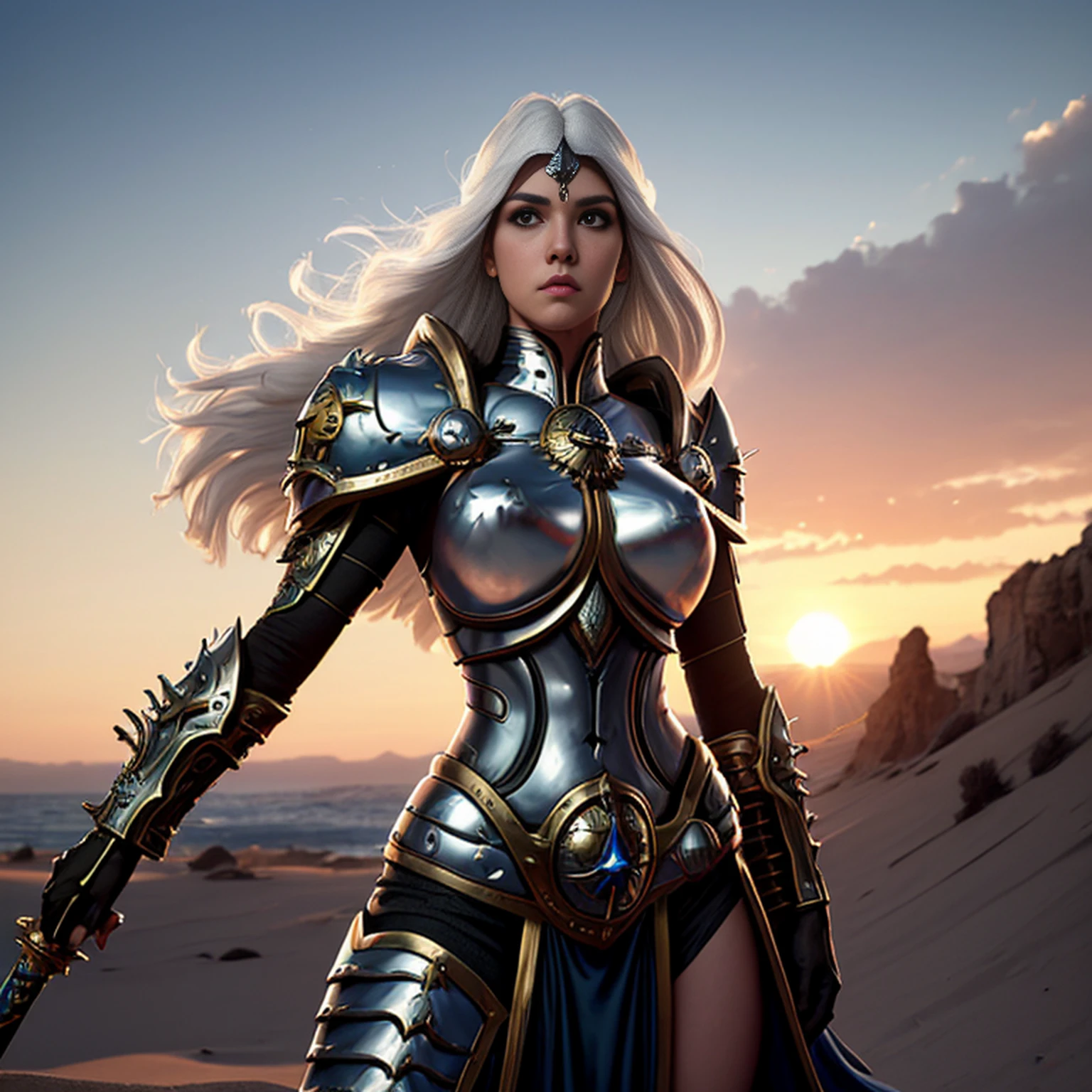 1 mulher elfa alta, de cabelo branco e bonita,, melhor qualidade, (beleza), 1 , Scenario-based rendering, cintura estreita, magro, olhos grandes, pernas longas, (seios pequenos), olhos inchados, de frente para um penhasco, fim de tarde, (sun sunset), de frente para o espectador, postura de luta, (segurando uma espada e escudo), a cold expression, armadura de dourada por todo o corpo