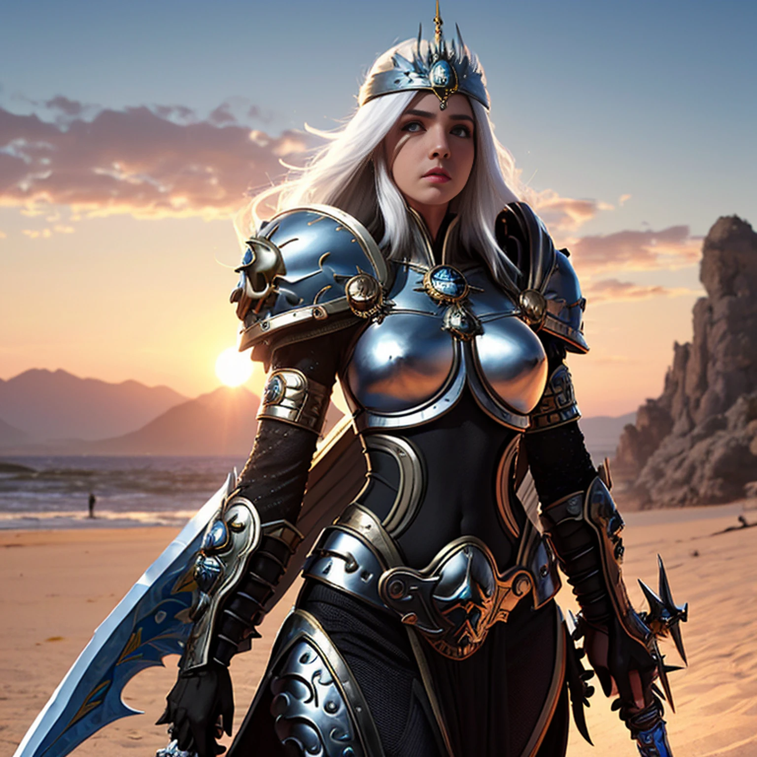 1 mulher elfa alta, de cabelo branco e bonita,, melhor qualidade, (beleza), 1 menina, Scenario-based rendering, cintura estreita, magro, olhos grandes, pernas longas, (seios pequenos), olhos inchados, de frente para um penhasco, fim de tarde, (sun sunset), de frente para o espectador, postura de luta, (segurando uma espada e escudo), a cold expression, armadura de dourada por todo o corpo