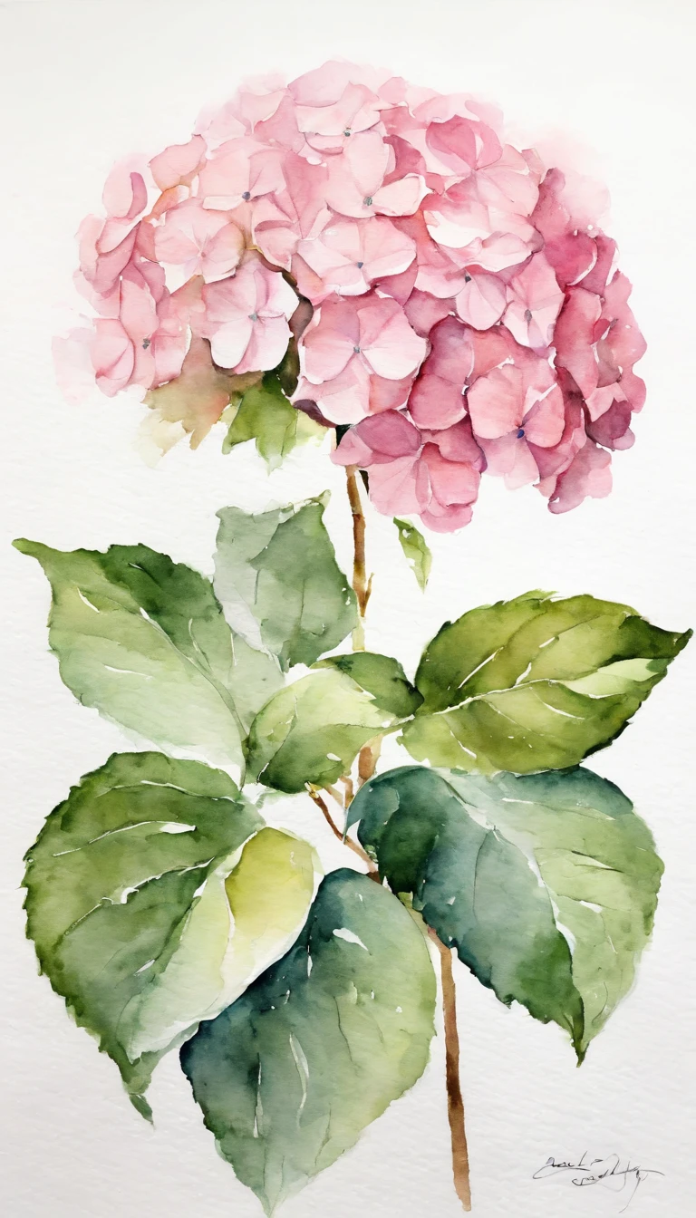blush pink hydrangea, white background, minimalistic art