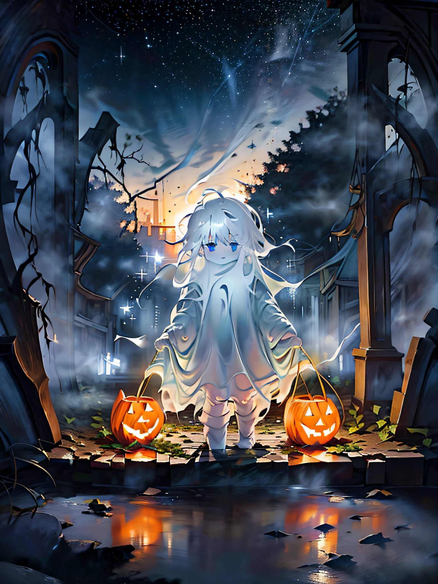 Ghost girl in sheet at halloween, dark blue sky with stars, halloween pumpkins on the sides, dry trees without leaves, {extremely detailed 16k CG unit wallpaper}, expansive landscape photography, (a bottom view with focus on the character and setting), (wide open field view), (low angle shot), (high light: 1.5), (low light: 1.4), (warm light source: 1.8), complex details, (iridescent colors : 1.5), (bright lighting), (atmospheric lighting), Dreamy, magical