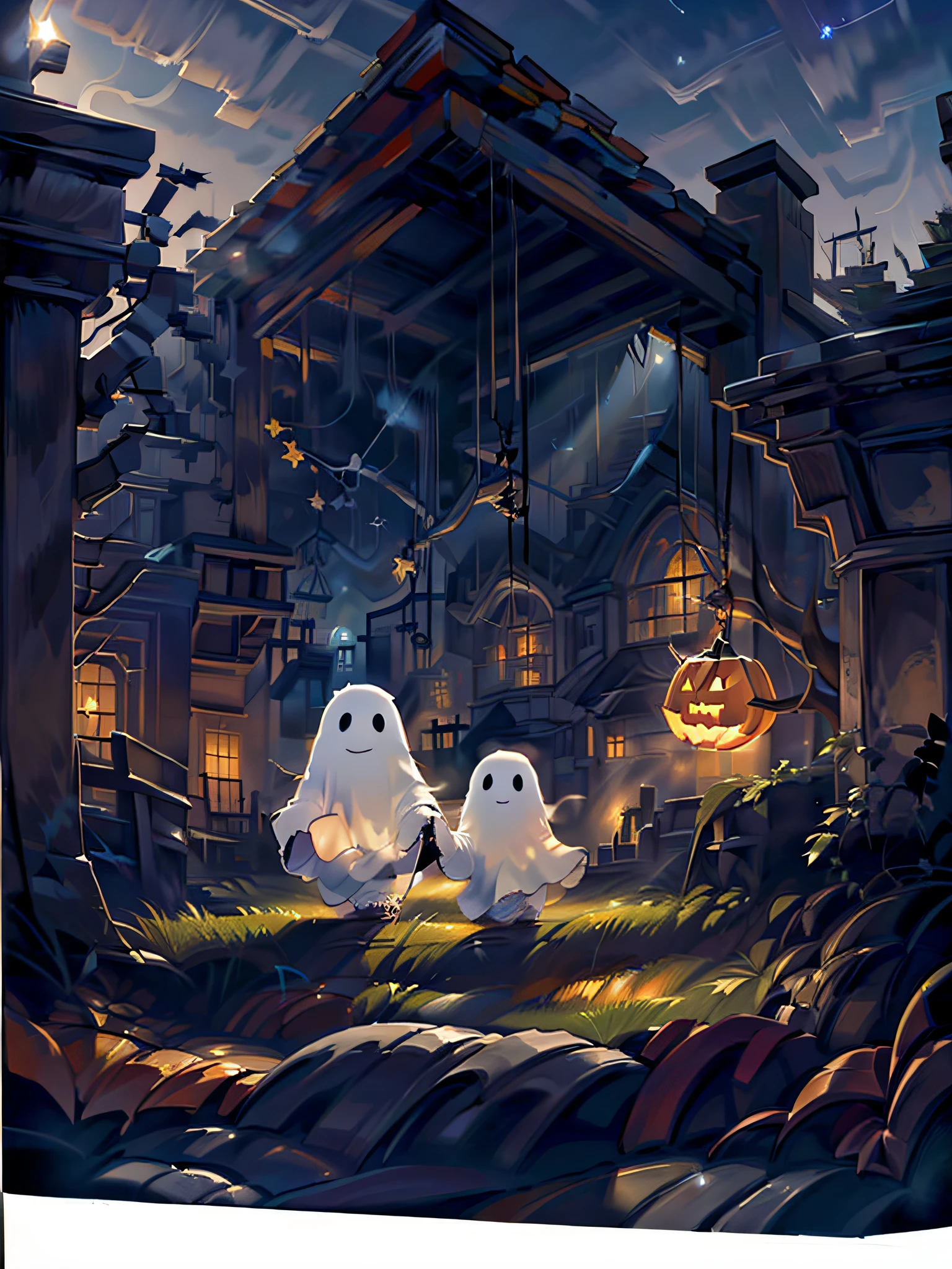 a sheet ghost on halloween walking with his dog, dark blue sky with stars, halloween pumpkins on the sides, dry leafless trees with an owl, cobwebs, {extremely detailed 16k CG unit wallpaper}, photography by expansive landscape, (a view from below with focus on the character and setting), (wide view of open field), (low angle shot), (high light: 1.5), (low light: 1.4), (light source Warm: 1.8), Intricate Details, (Iridescent Colors: 1.5), (Bright Lighting), (Atmospheric Lighting), Dreamy, Magical