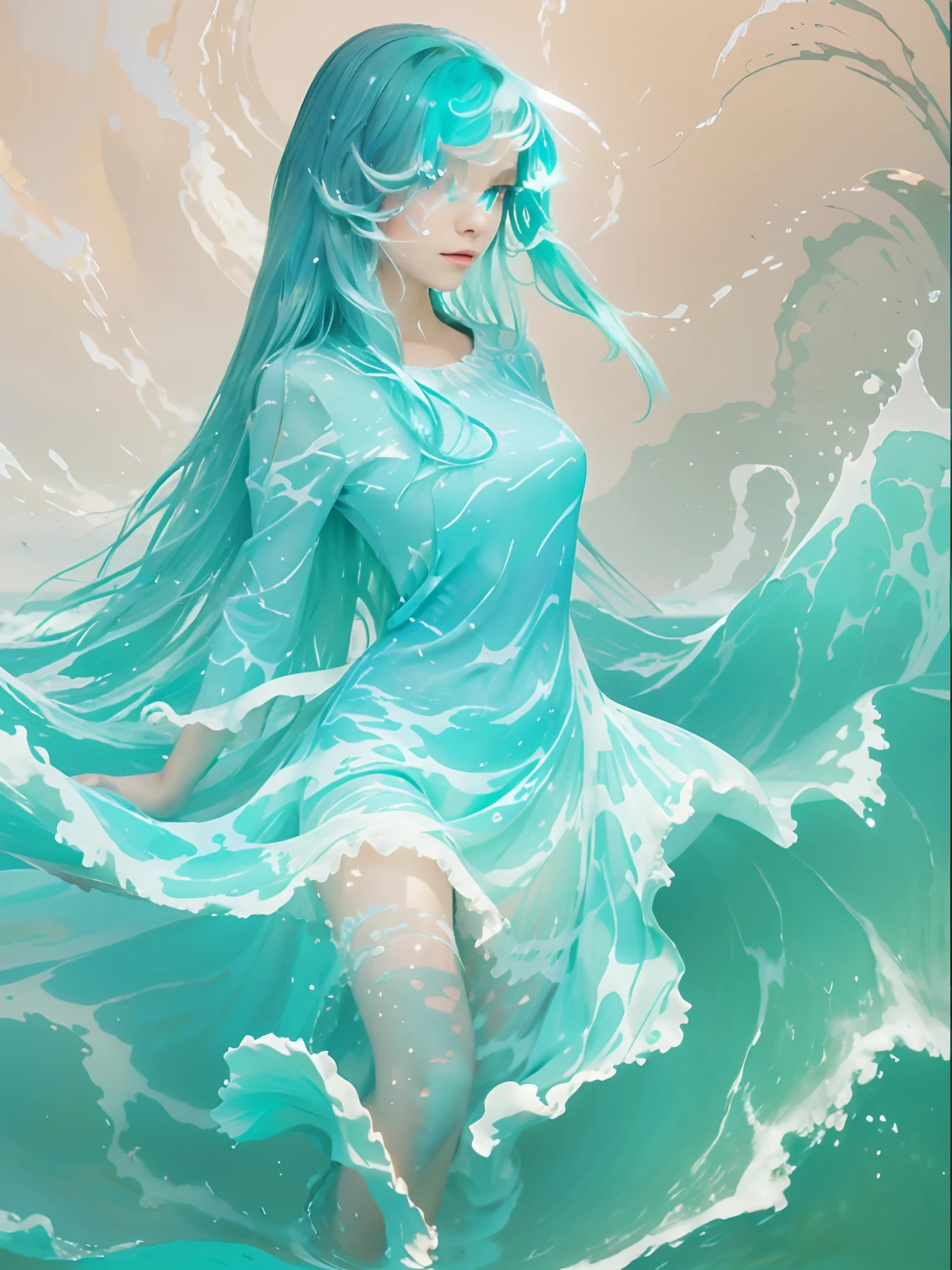 1girl,solo,light_blue_hair,sky_print, liquid hair, long hair,floating hair, full body, standing, liquid clothes, water,waves, tsunami,tide,sea,water dress, beautiful detailed eyes, {{{masterpiece}}}, {illustration}, cinematic angle, {beautiful detailed eyes}, detailed background, liquid body, liquid skin