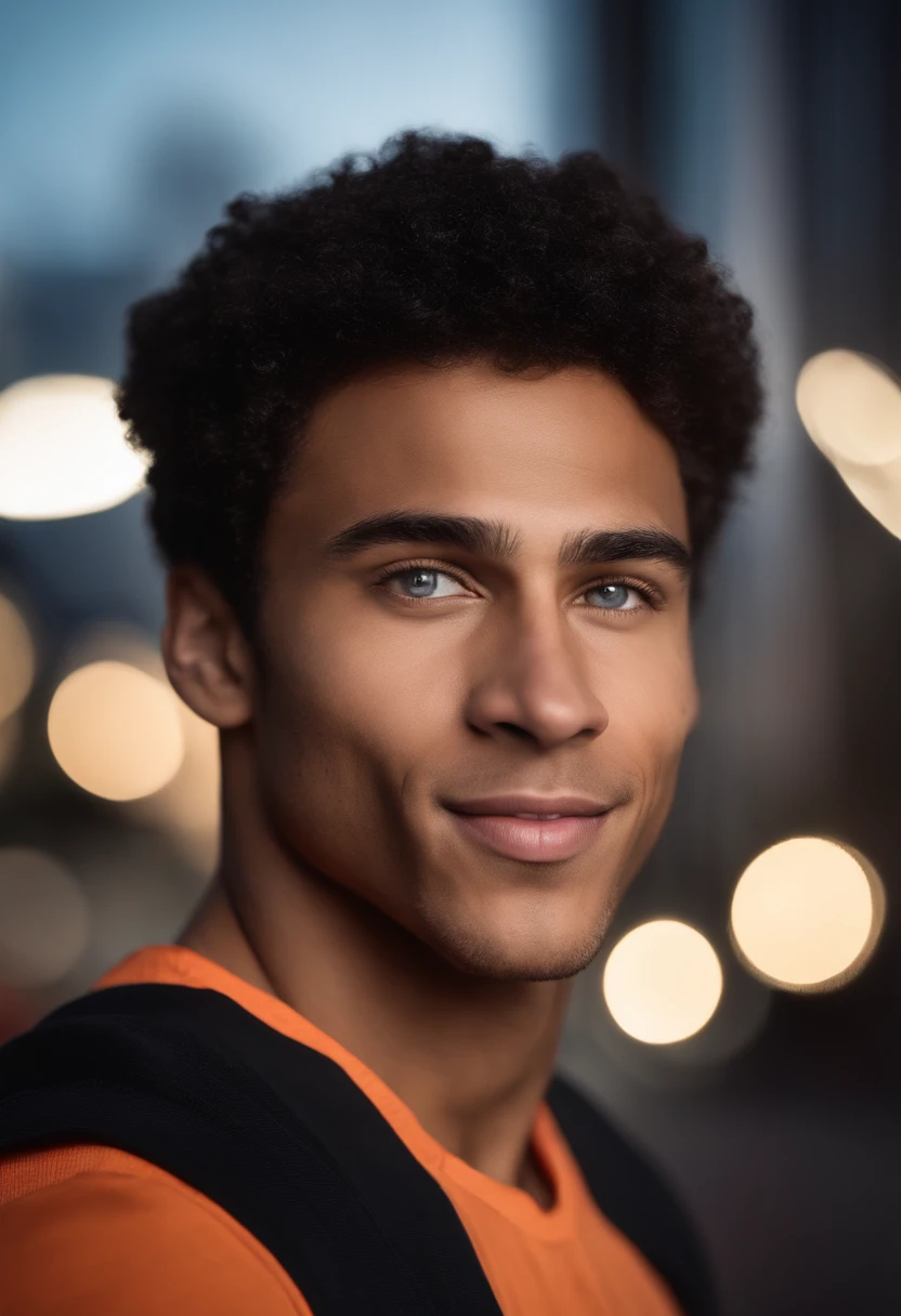 mixed race young man,beautiful detailed blue eyes,dark hair,Nike outfit ,confident expression,sharp jawline,vibrant skin,smiling,handsome face,standing pose,city backdrop,professional studio lighting,realistic,photorealistic:1.37,portraits,vivid colors,cool tone,soft lighting